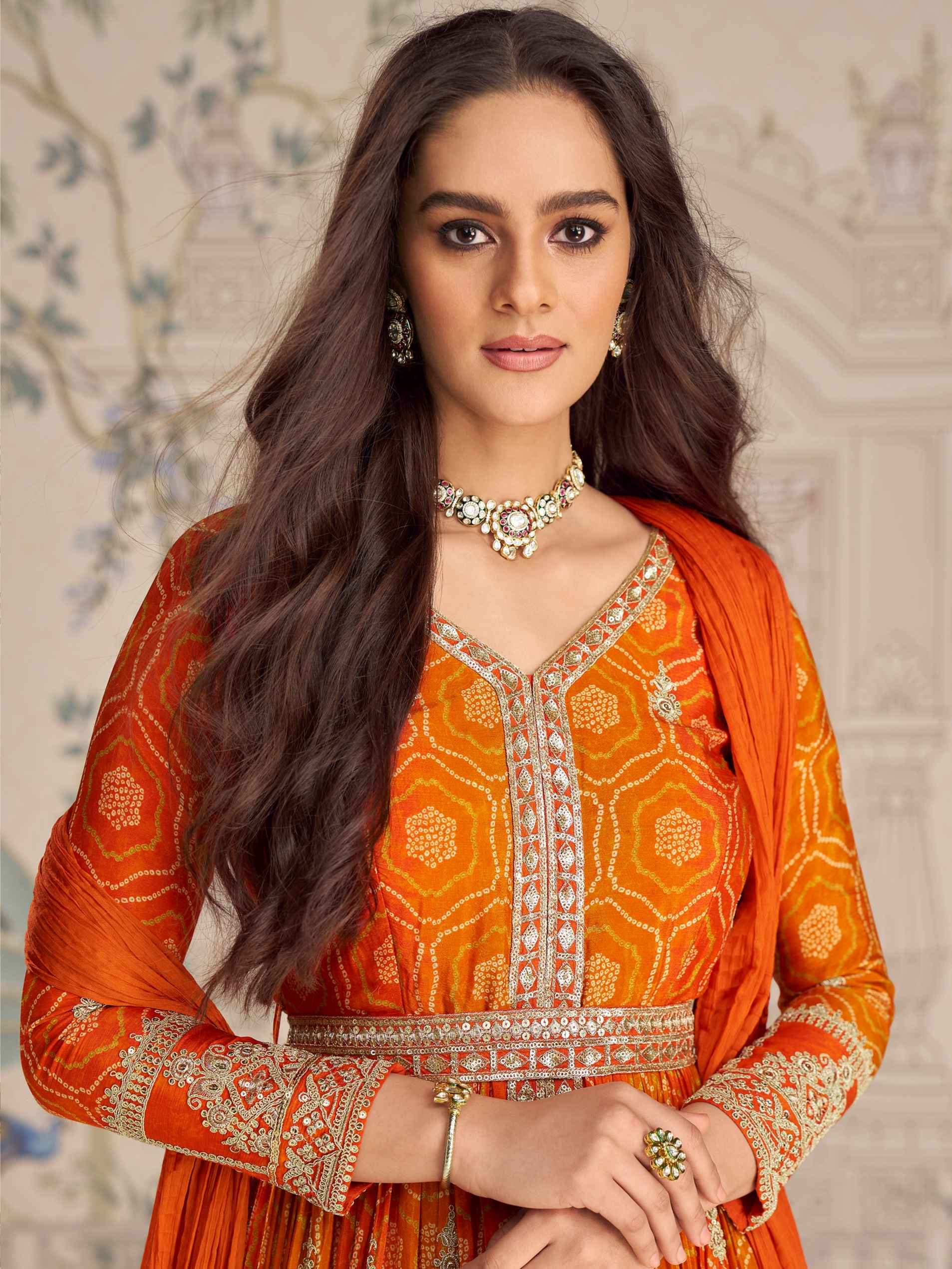 Orange Silk Anarkali Set with Heavy Embroidered Front-Cut Design