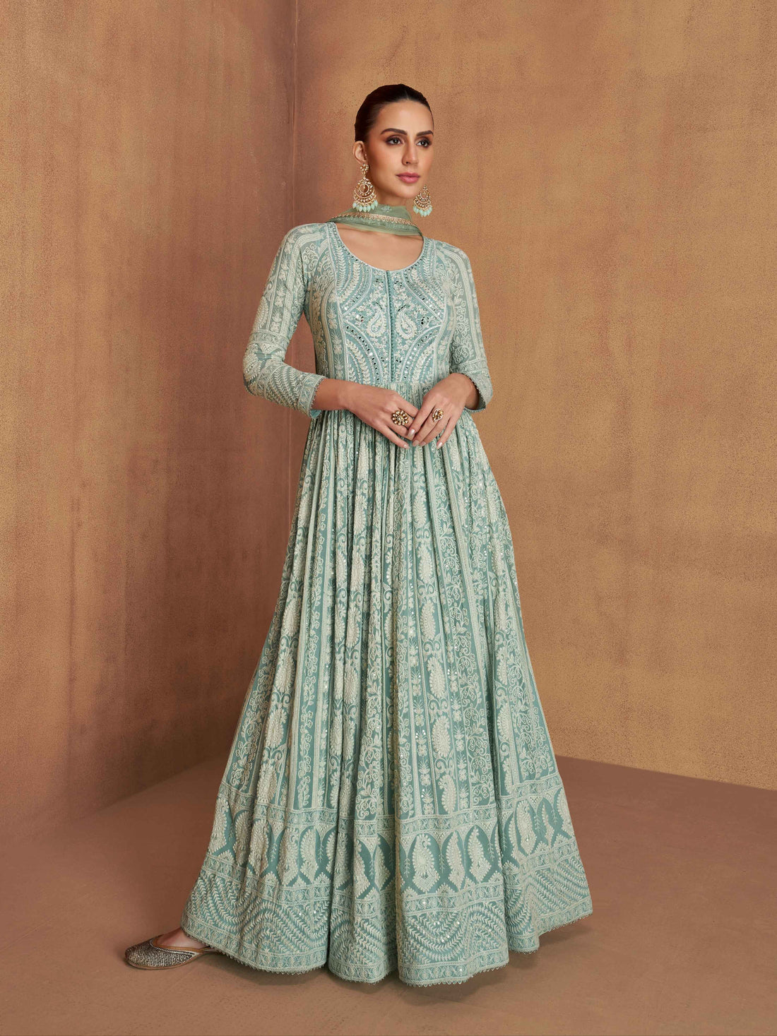 Mint Green Real Georgette Embroidered Long Anarkali Suit Long Anarkali Suit Anant Tex Exports Pvt.Ltd..