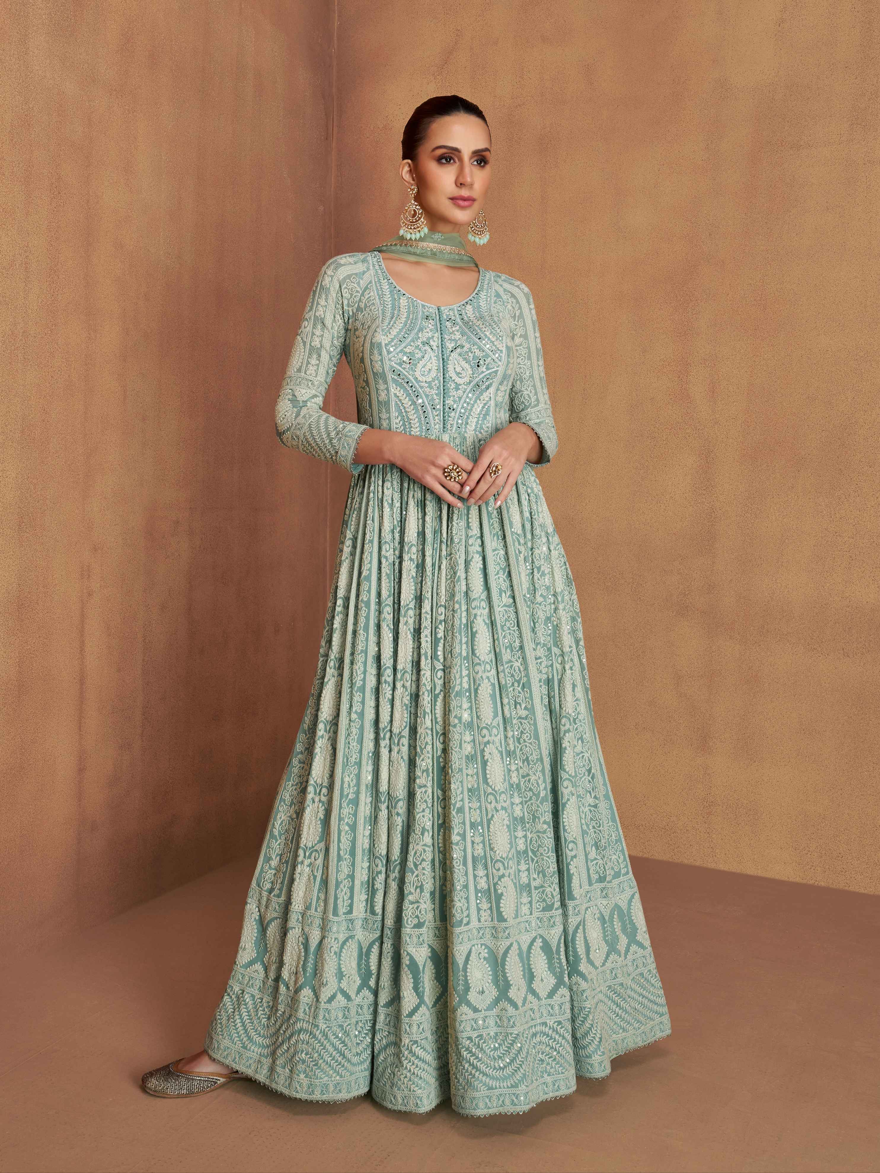 Mint Green Real Georgette Embroidered Long Anarkali Suit