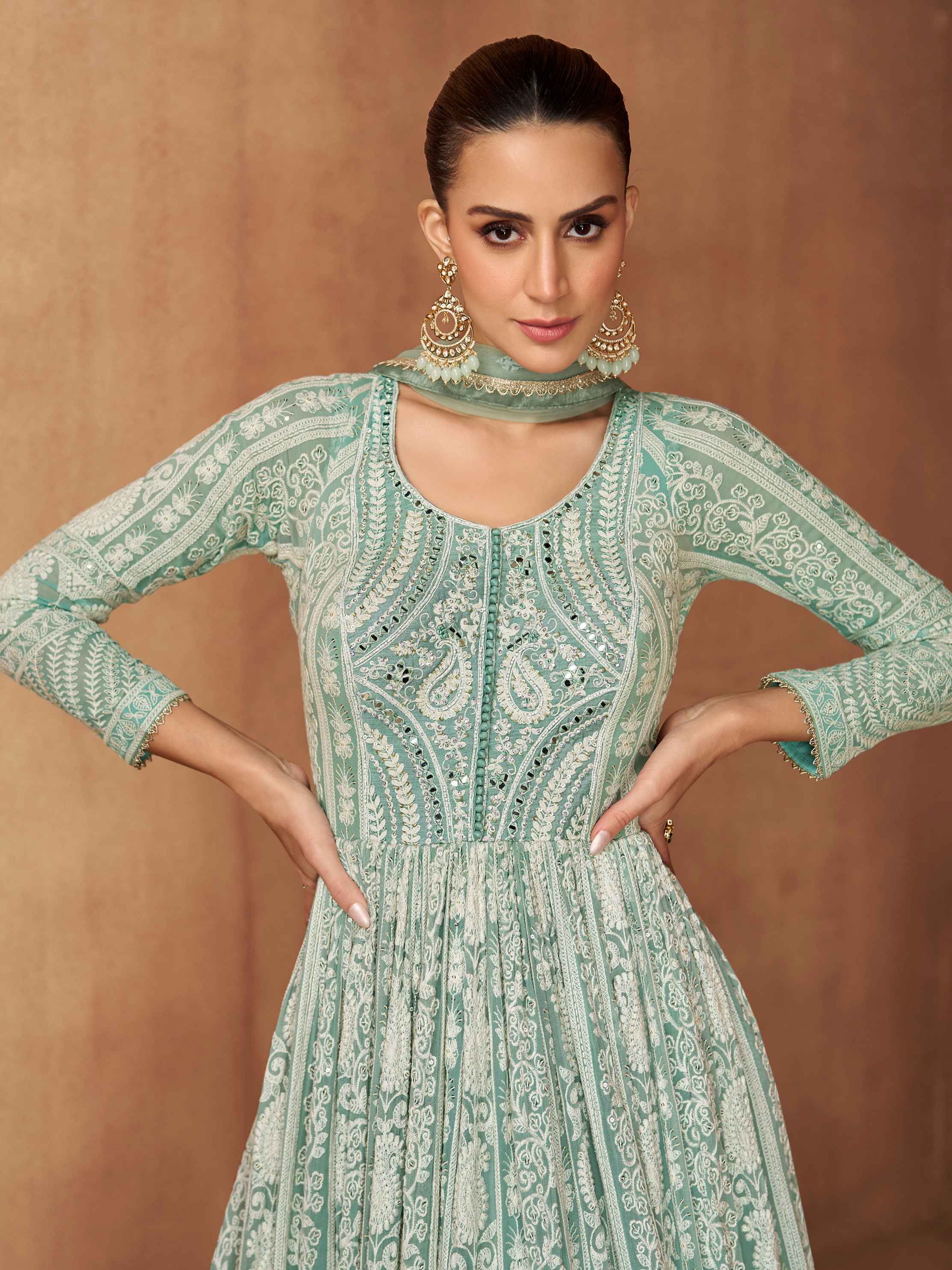 Mint Green Real Georgette Embroidered Long Anarkali Suit