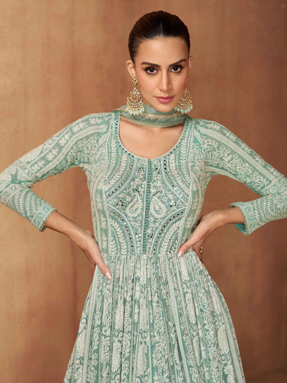 Mint Green Real Georgette Embroidered Long Anarkali Suit Long Anarkali Suit Anant Tex Exports Pvt.Ltd..