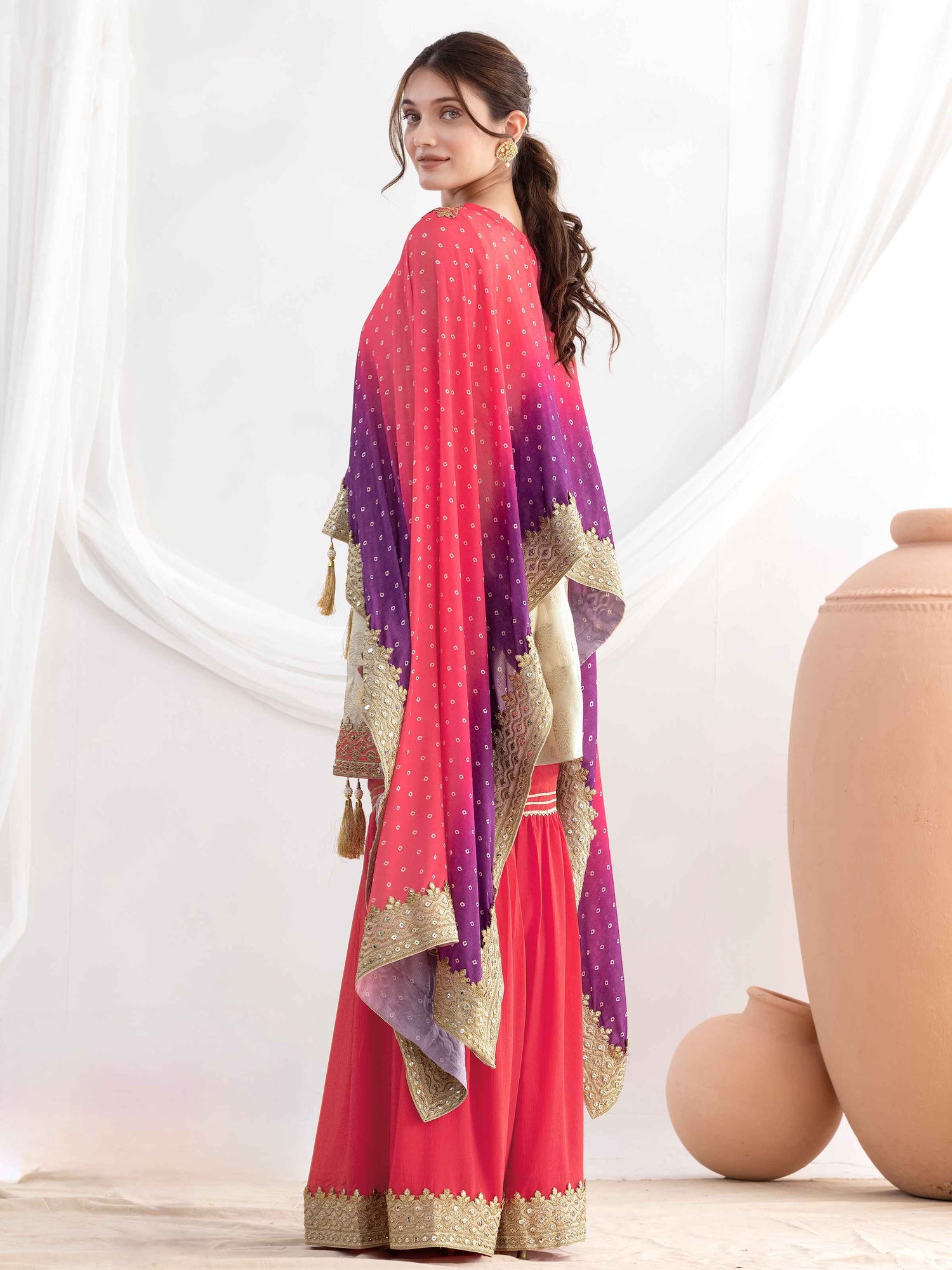 Pink Ombre Chinnon Sharara Set with Embroidery &amp; Viscose Jacquard Top Sharara Suit Anant Tex Exports Pvt.Ltd..
