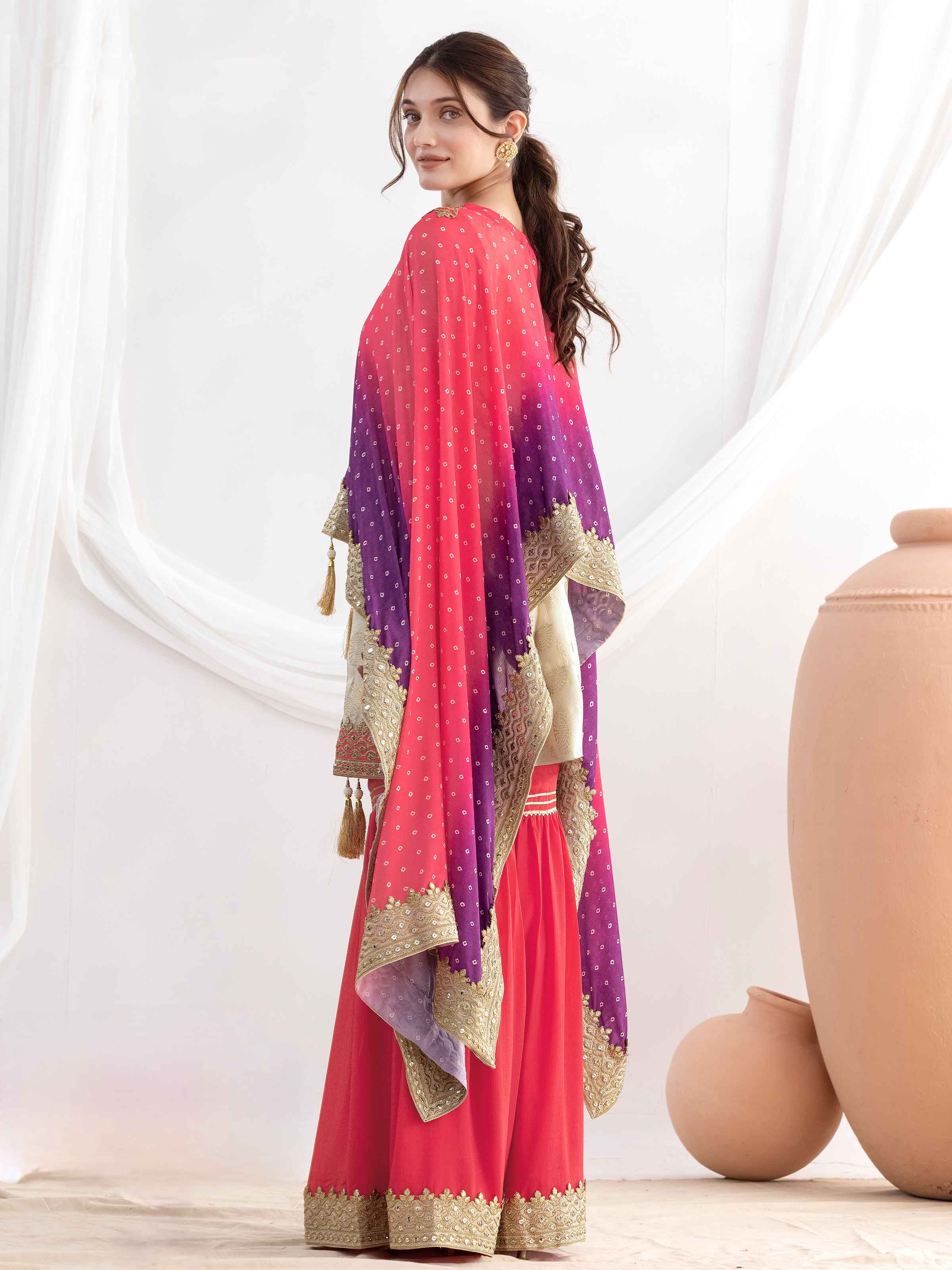 Pink Ombre Chinnon Sharara Set with Embroidery & Viscose Jacquard Top