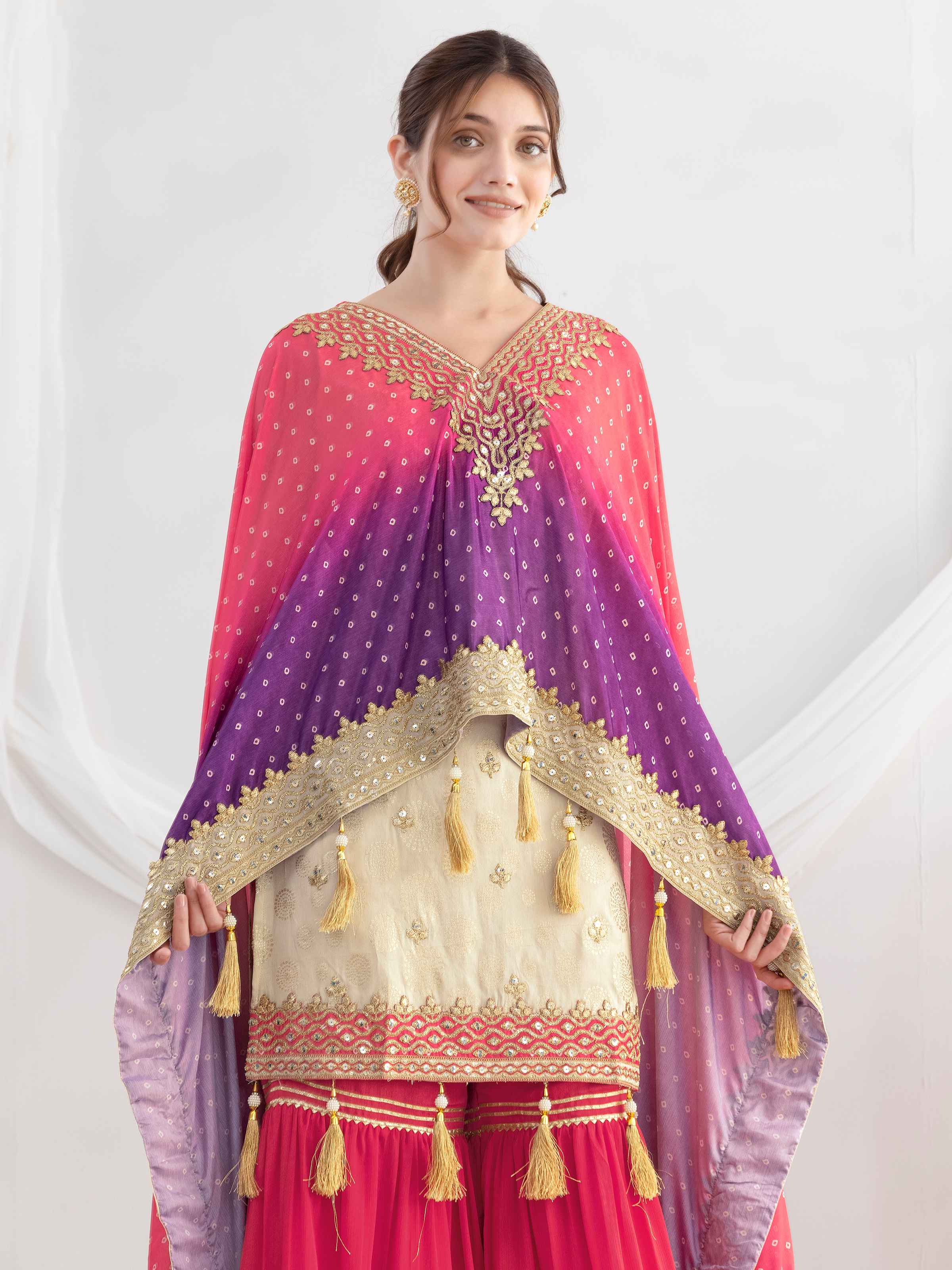 Pink Ombre Chinnon Sharara Set with Embroidery &amp; Viscose Jacquard Top Sharara Suit Anant Tex Exports Pvt.Ltd..
