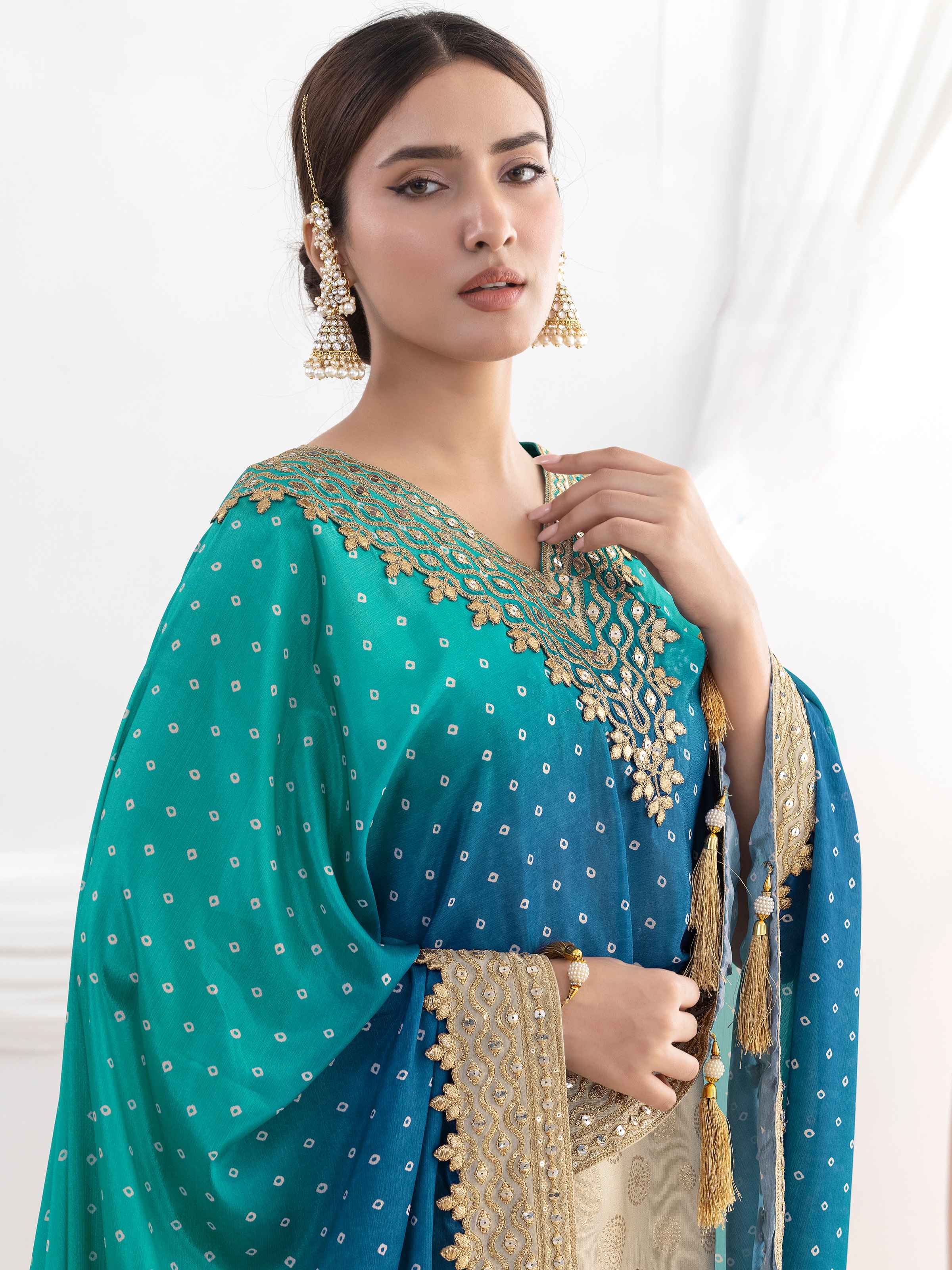 Teal Blue Designer Sharara Set with Mirror Embroidery
