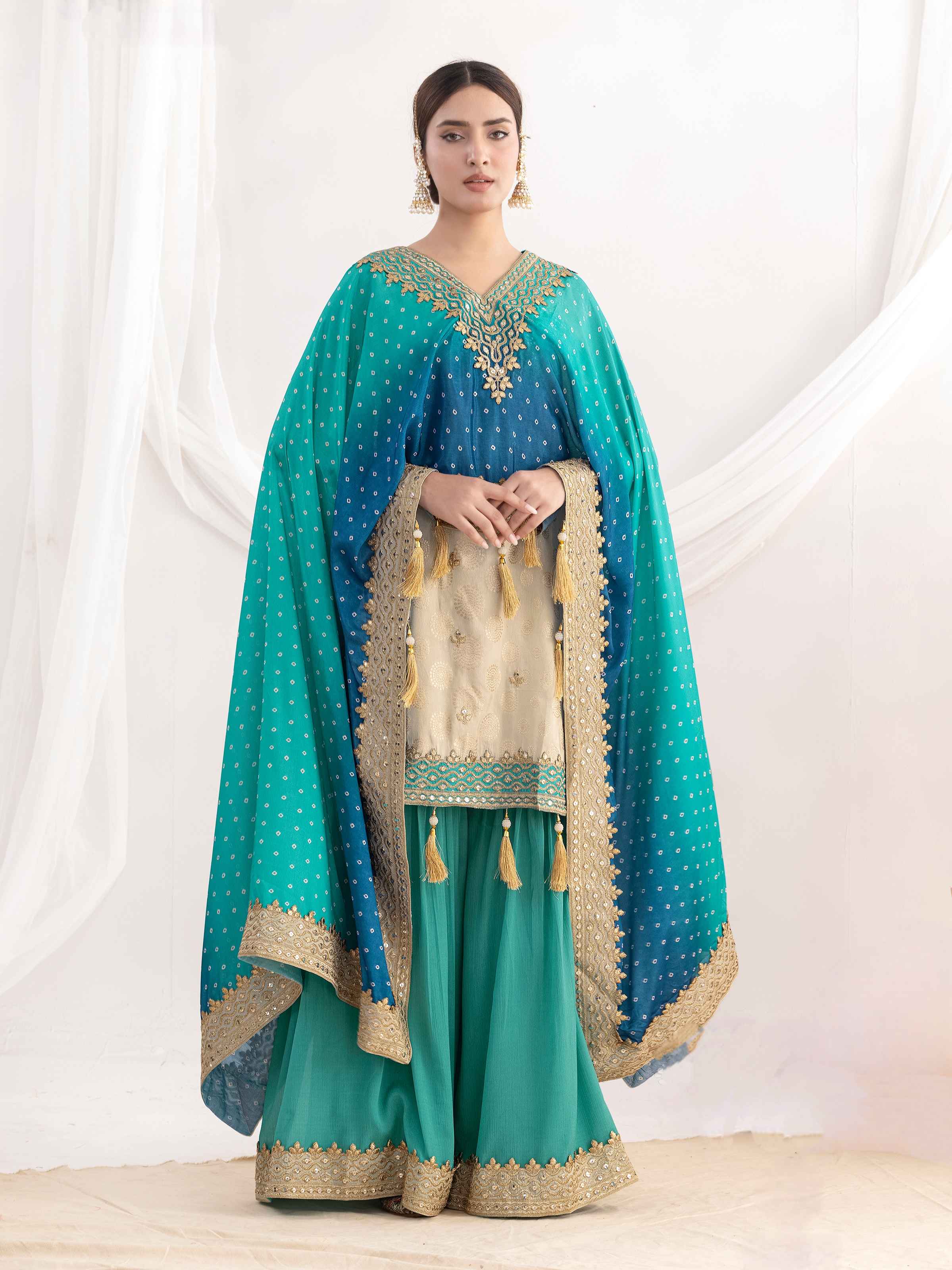 Teal Blue Designer Sharara Set with Mirror Embroidery