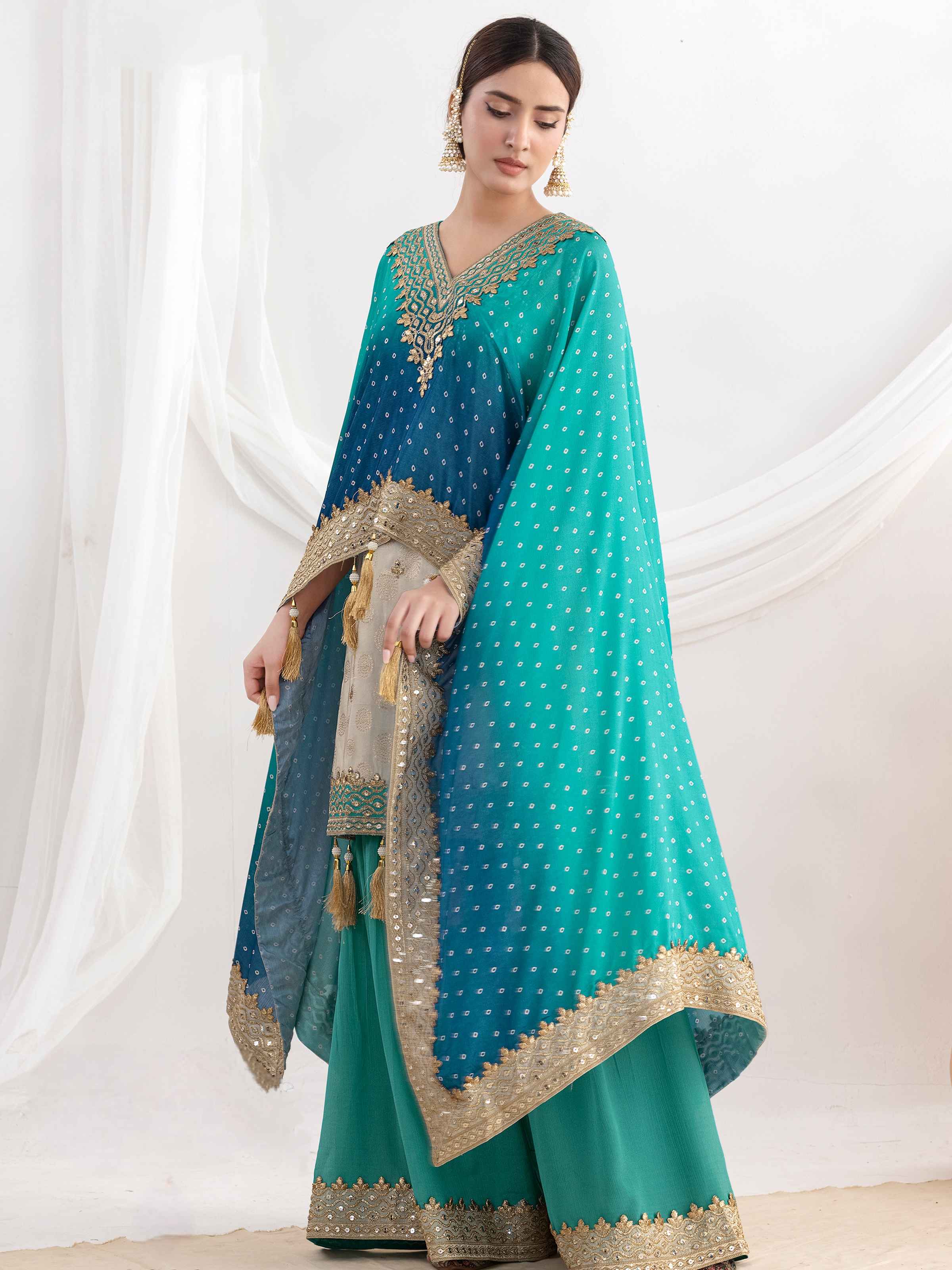 Teal Blue Designer Sharara Set with Mirror Embroidery