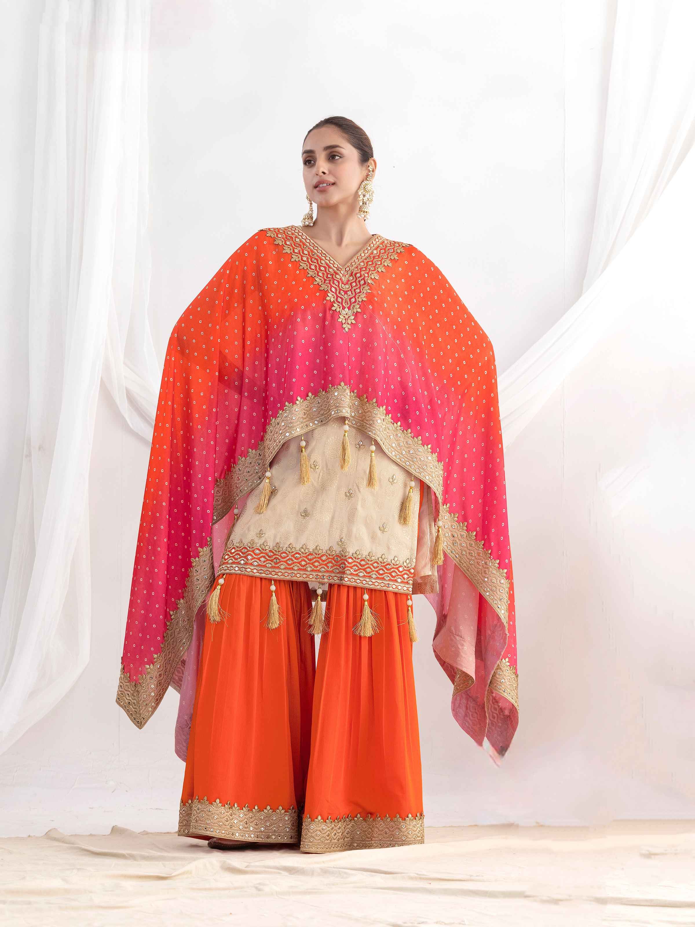Orange Festive Sharara Suit with Heavy Embroidery & Ombre Dupatta