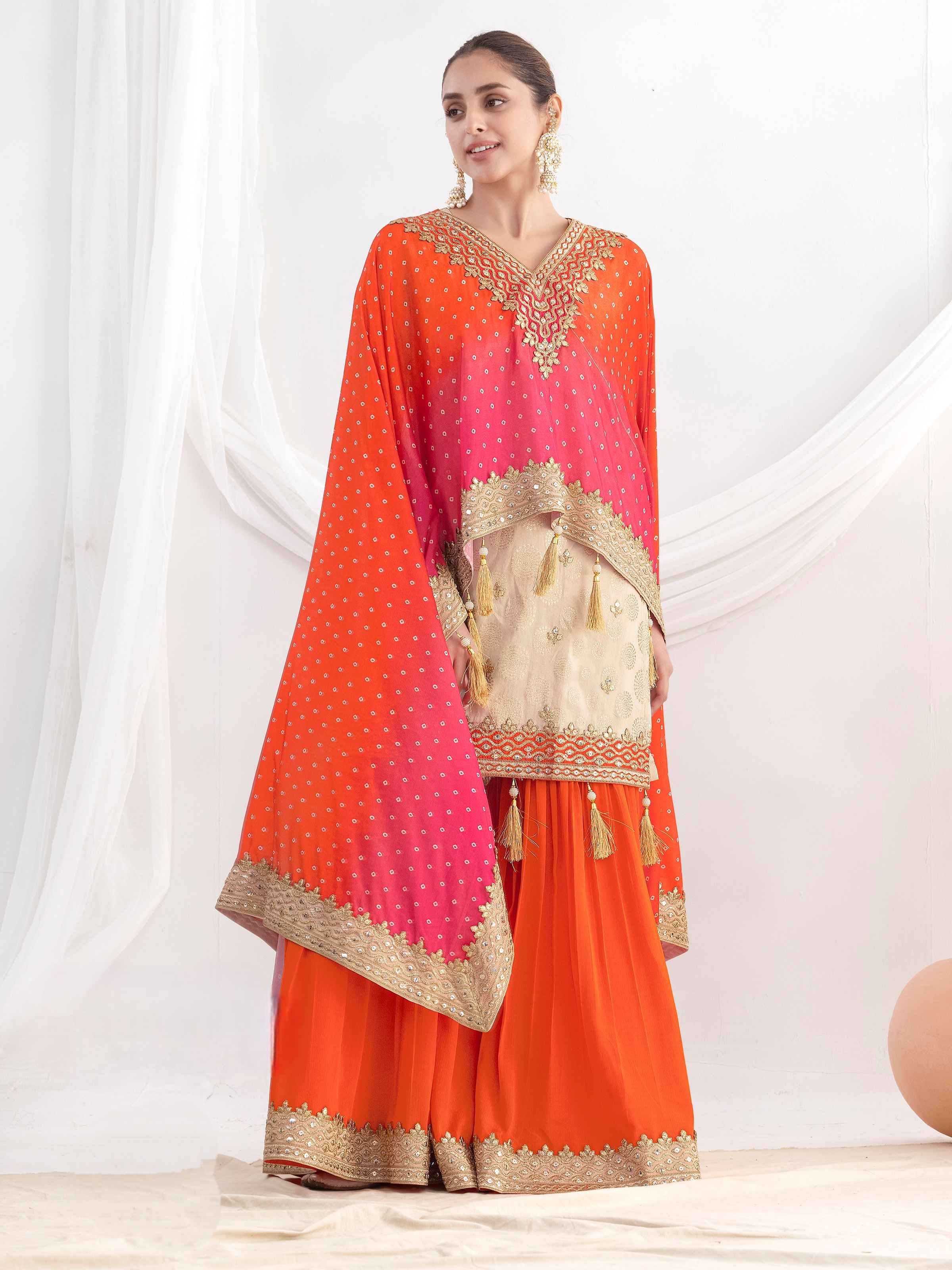 Orange Festive Sharara Suit with Heavy Embroidery & Ombre Dupatta