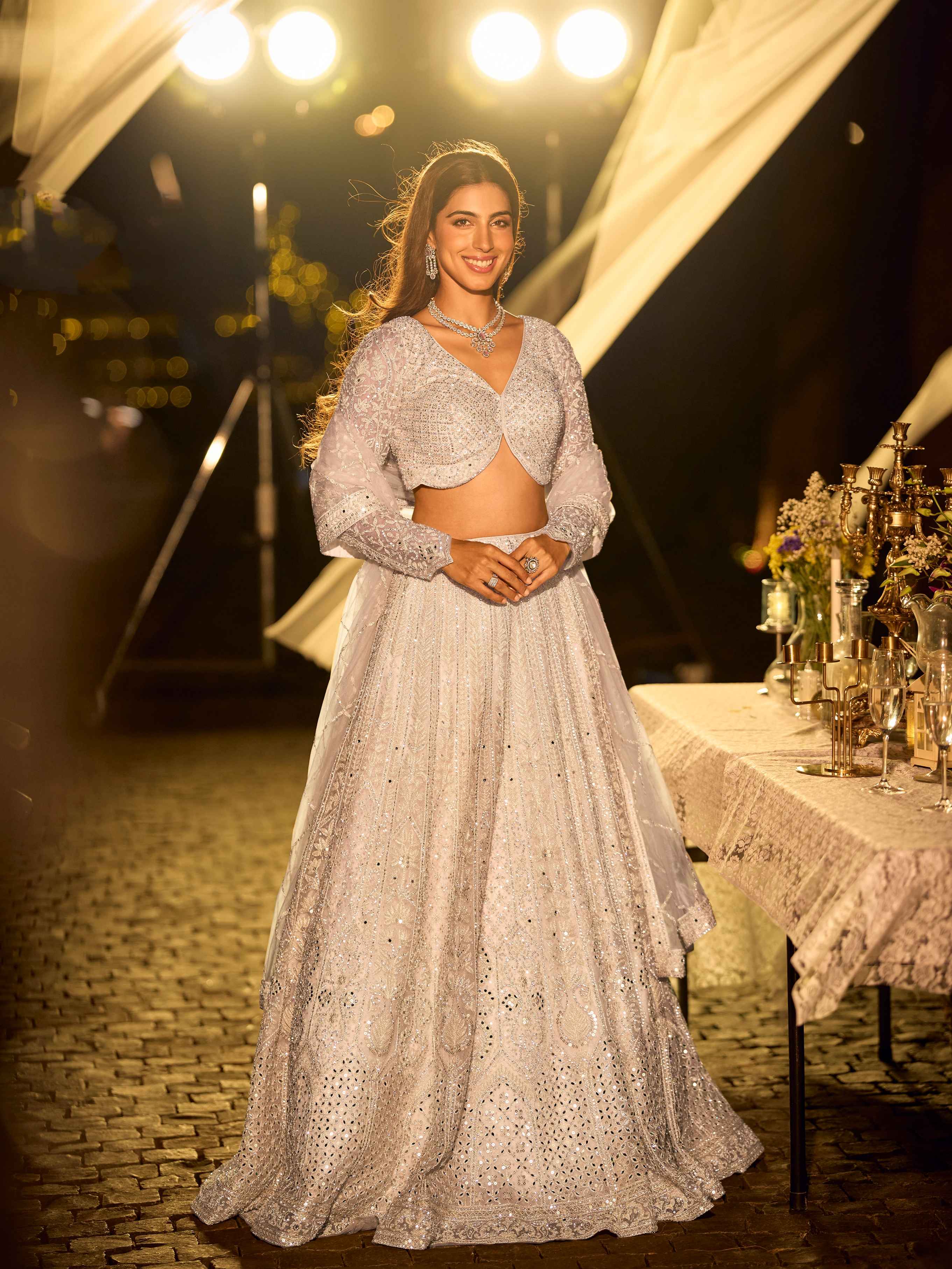 Ivory Off-White Heavy Handwork Net Lehenga