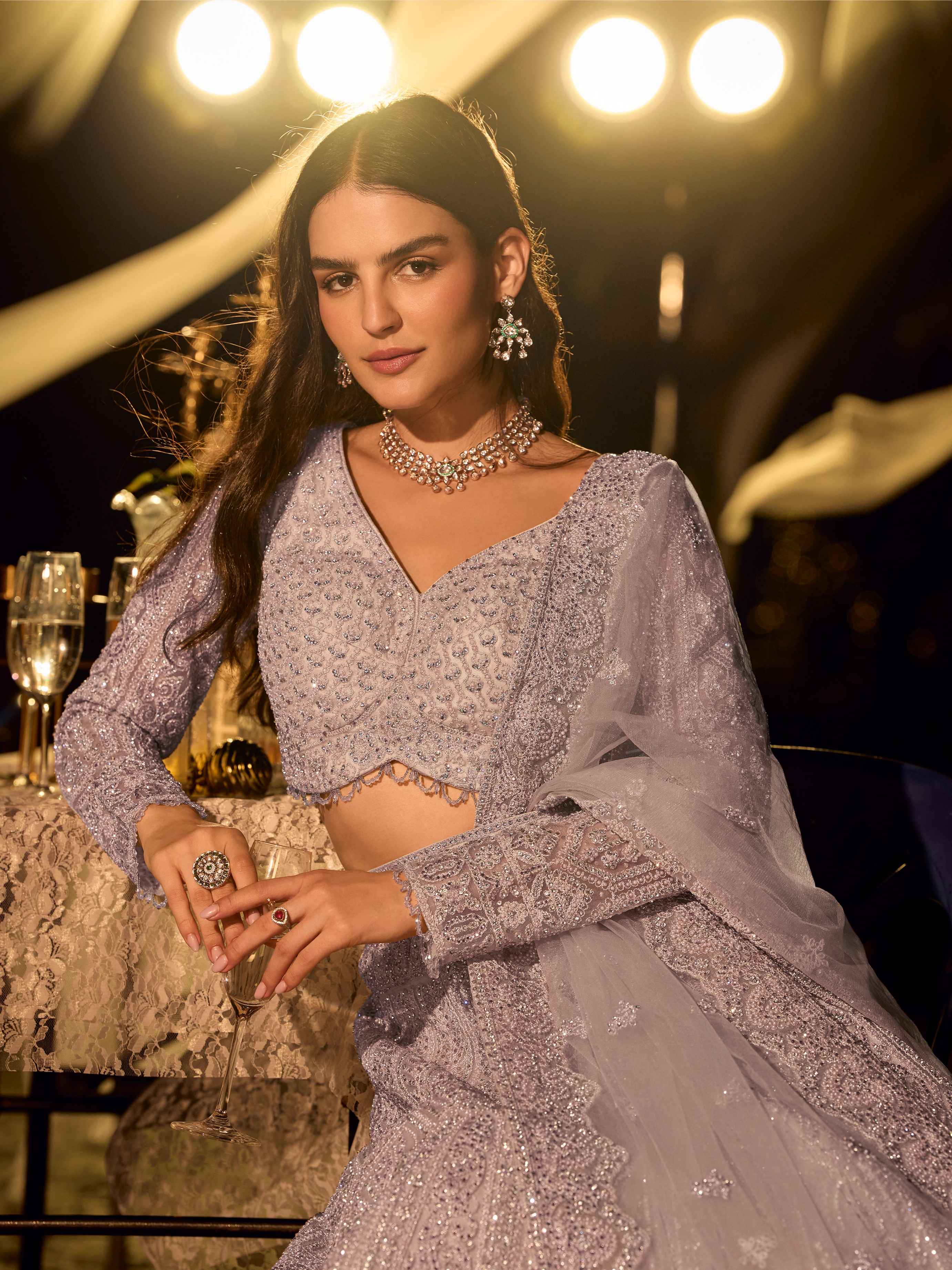 Lavender Grey Heavy Embroidered Net Lehenga with Handwork