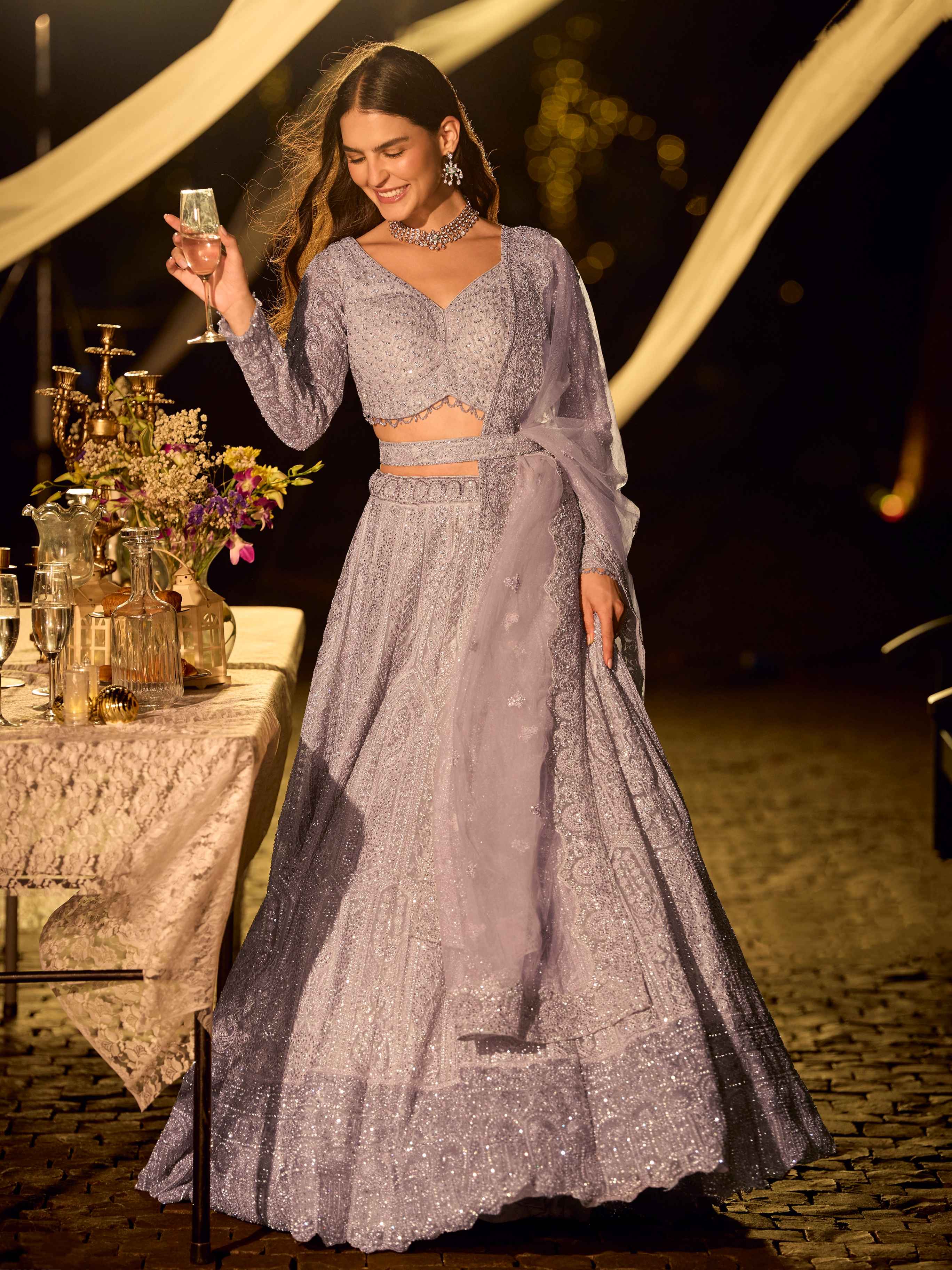 Lavender Grey Heavy Embroidered Net Lehenga with Handwork