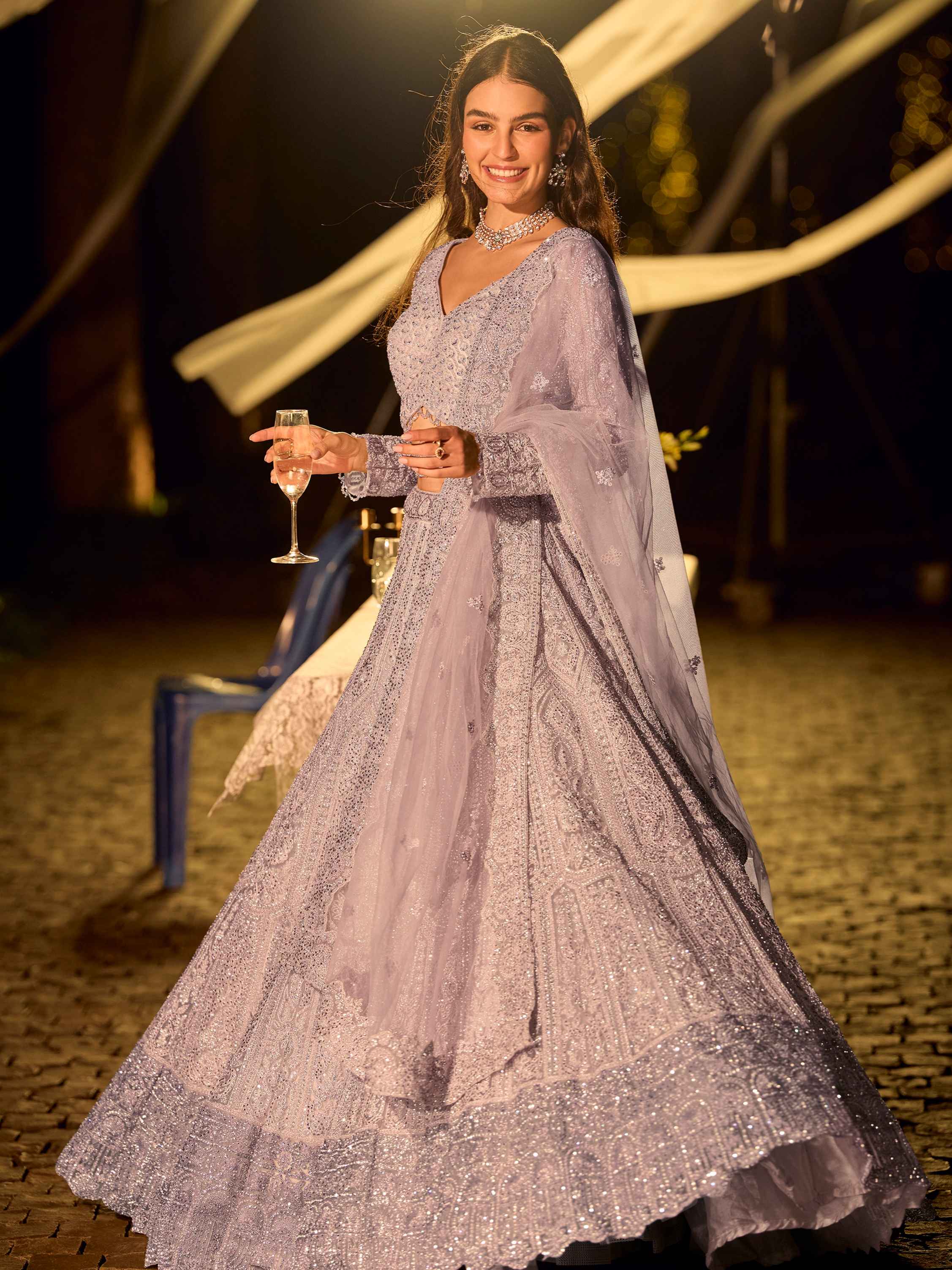 Lavender Grey Heavy Embroidered Net Lehenga with Handwork