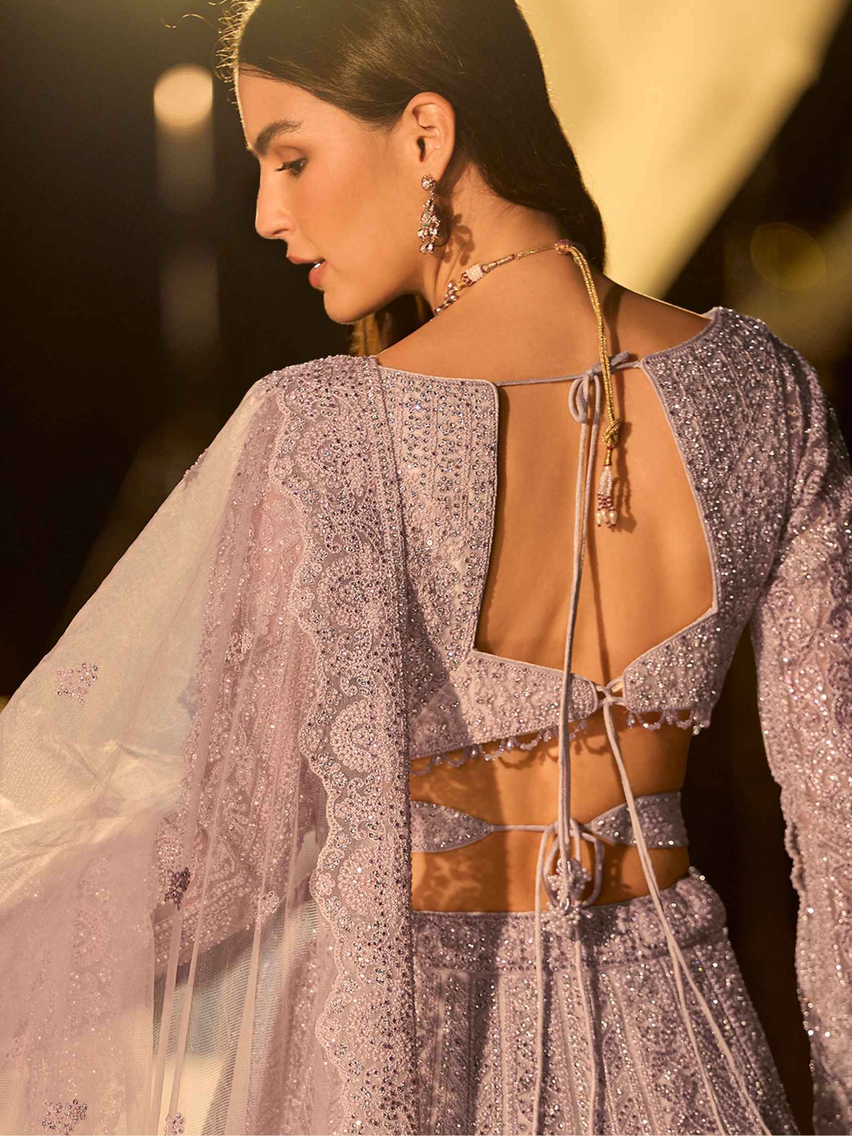 Lavender Grey Heavy Embroidered Net Lehenga with Handwork