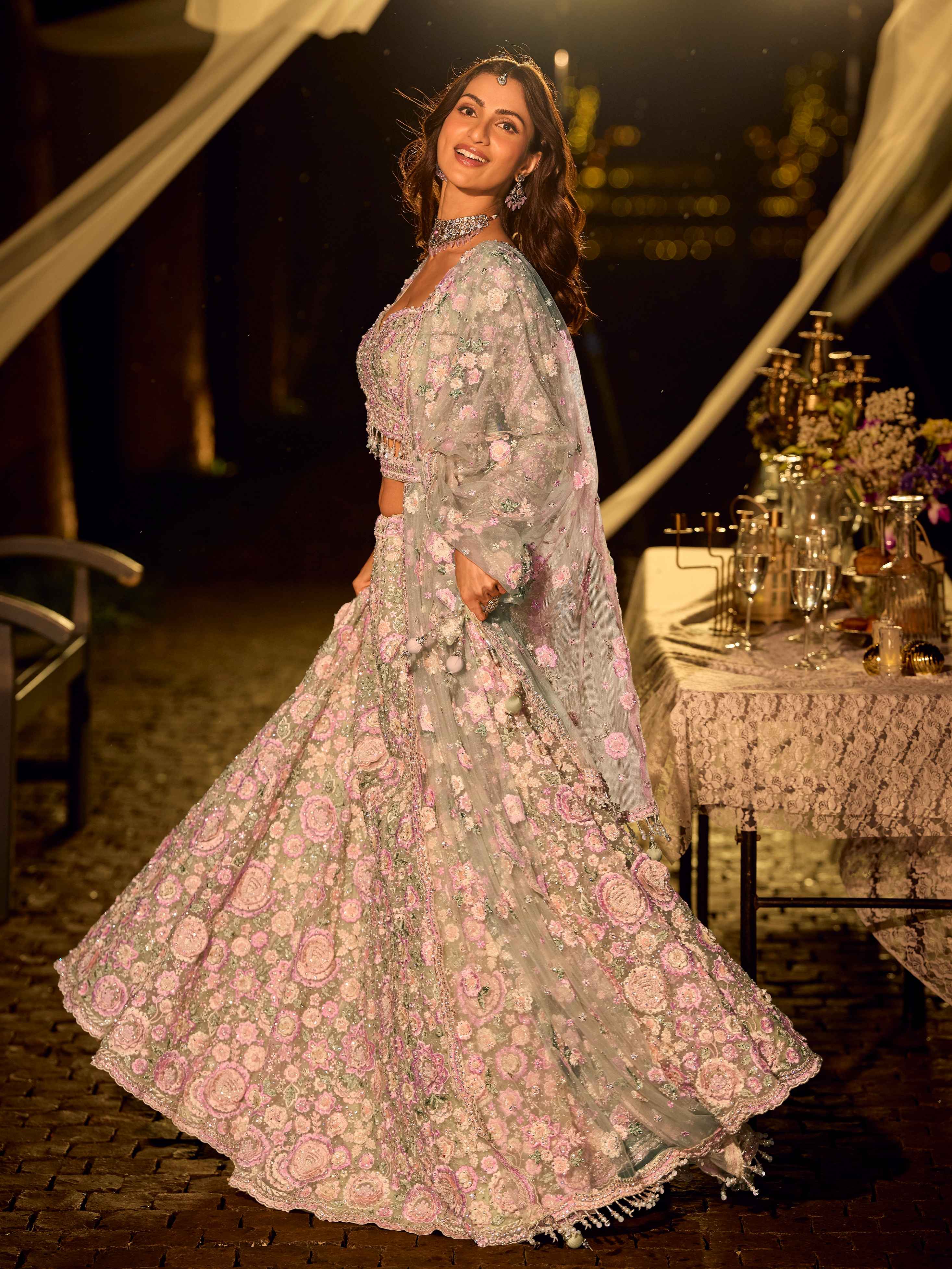 Lavender Pink Floral Heavy Embroidered Net Lehenga