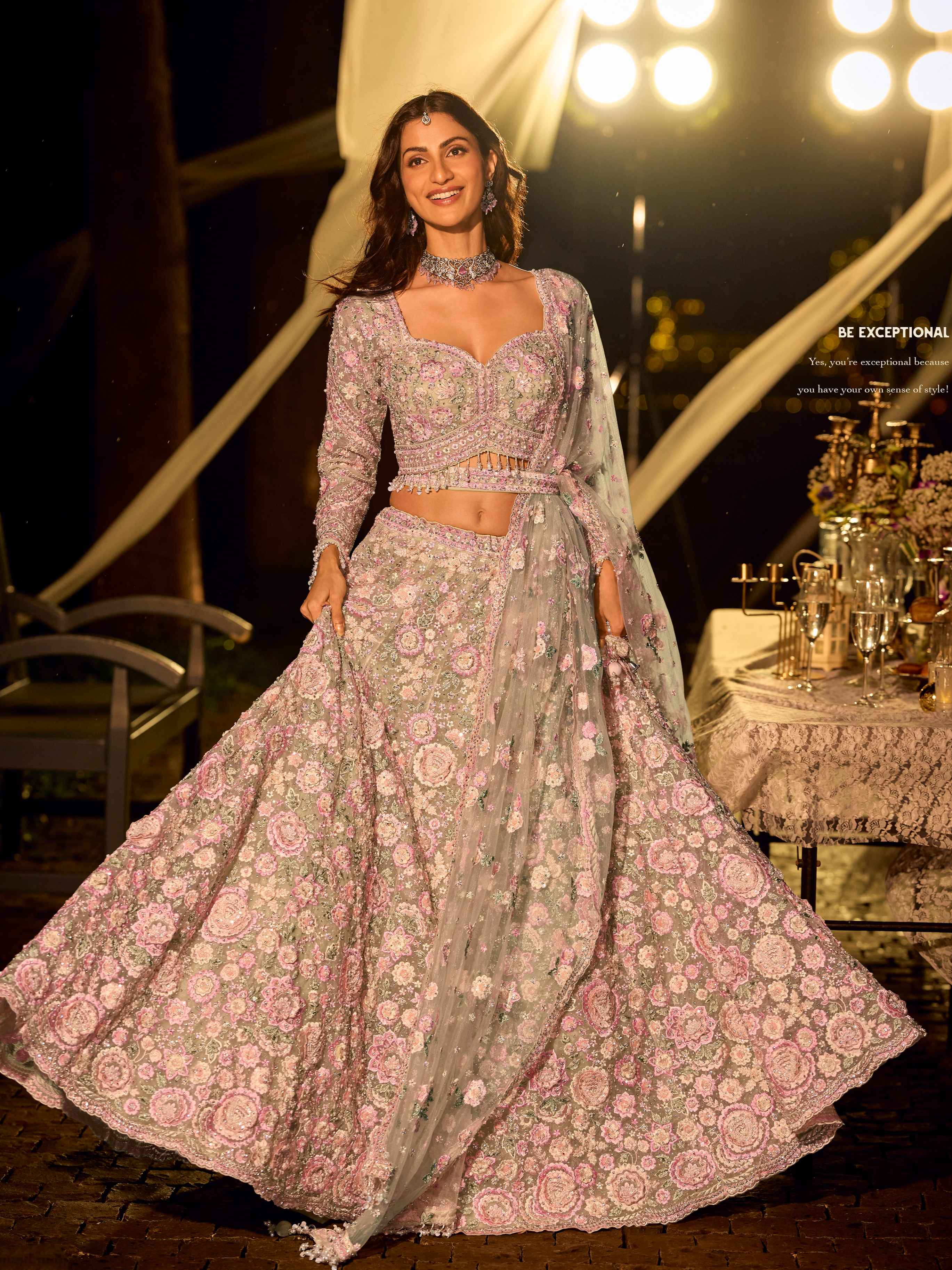 Lavender Pink Floral Heavy Embroidered Net Lehenga