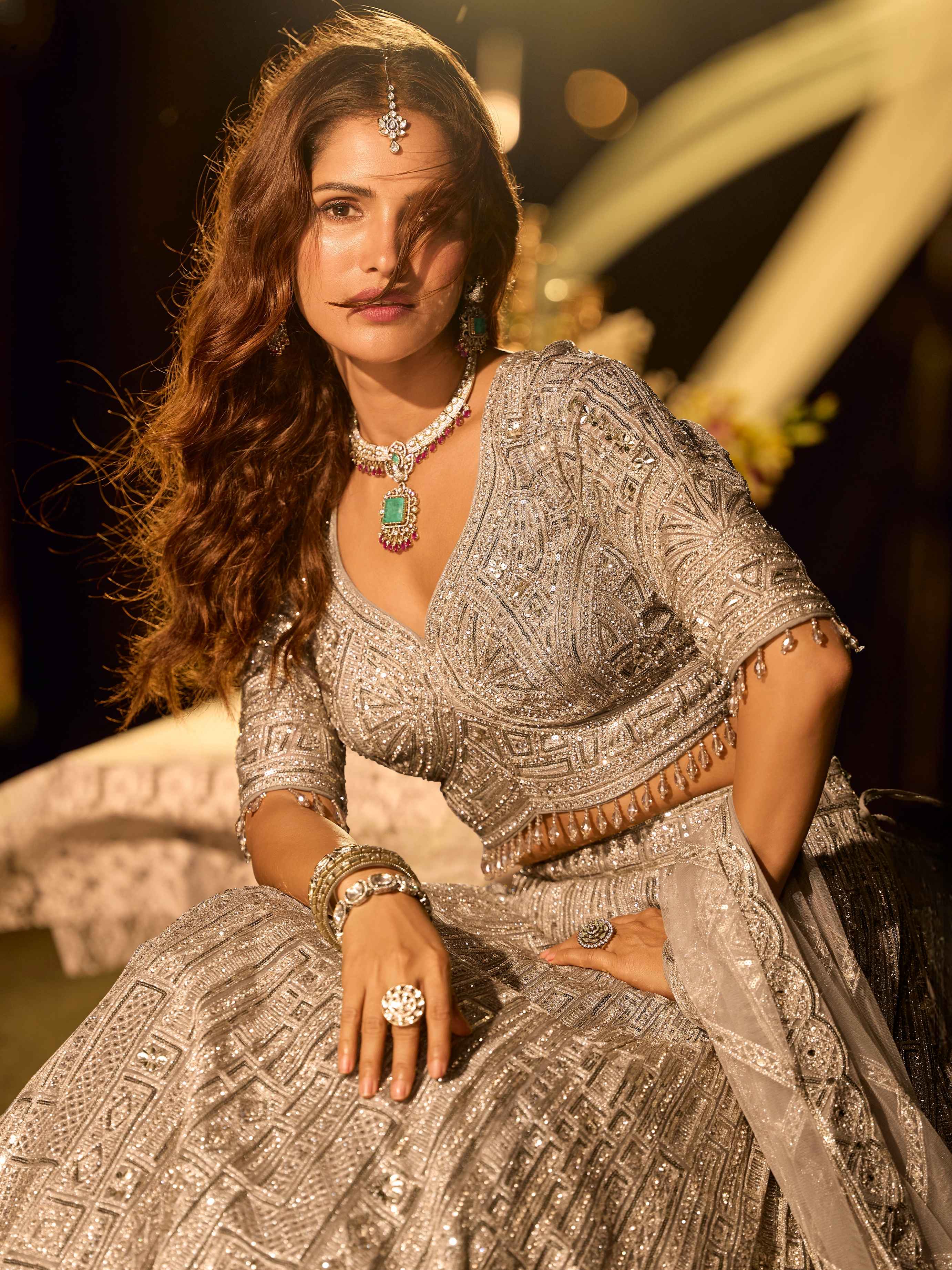 Slate Grey Heavy Diamond & Mirror Work Net Lehenga
