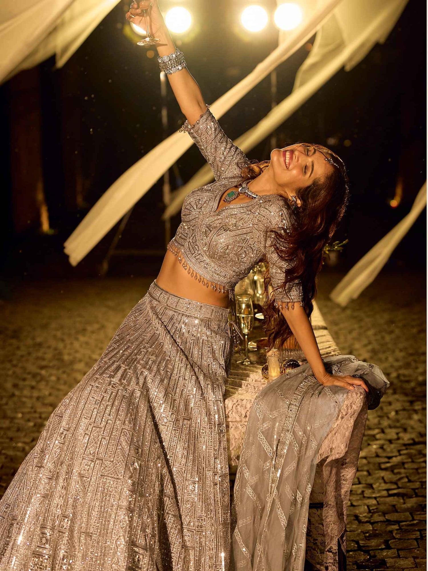 Slate Grey Heavy Diamond &amp; Mirror Work Net Lehenga Designer Lehenga Anant Tex Exports Pvt.Ltd..