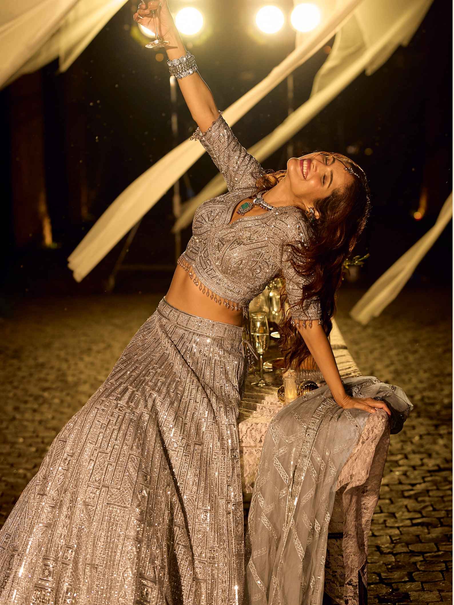 Slate Grey Heavy Diamond & Mirror Work Net Lehenga