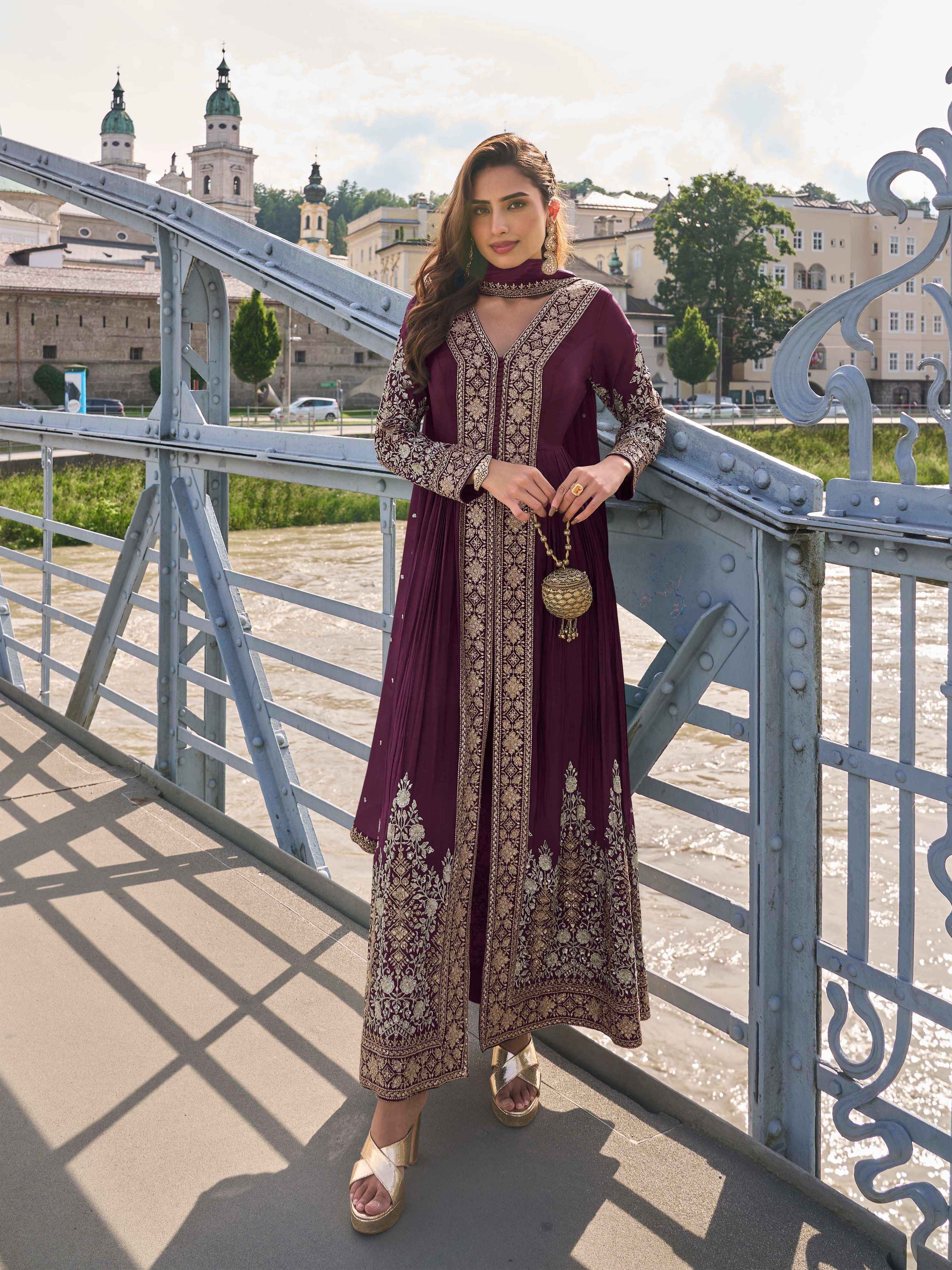 Embroidered Chinon Suit Set with Straight Pant & Dupatta