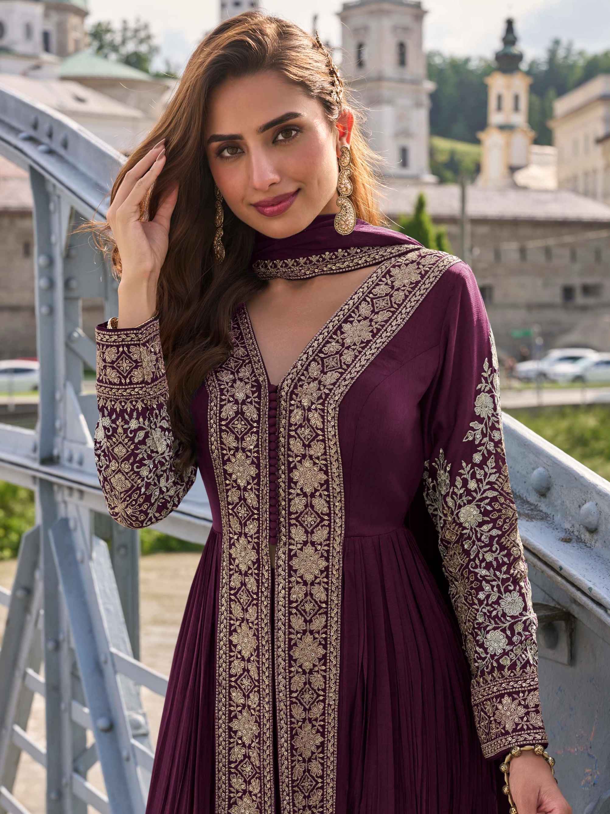 Embroidered Chinon Suit Set with Straight Pant & Dupatta