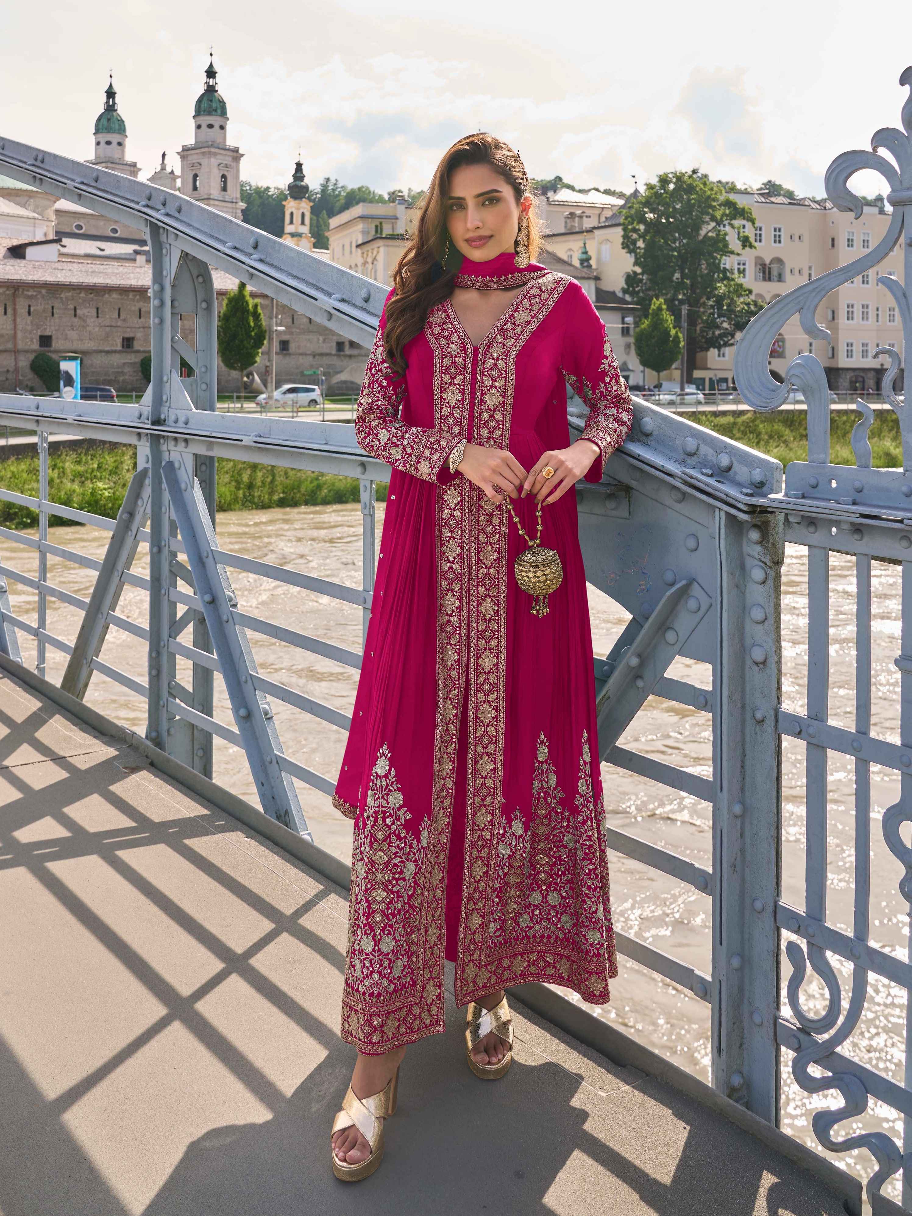 Embroidered Chinon Suit Set with Straight Pant & Dupatta