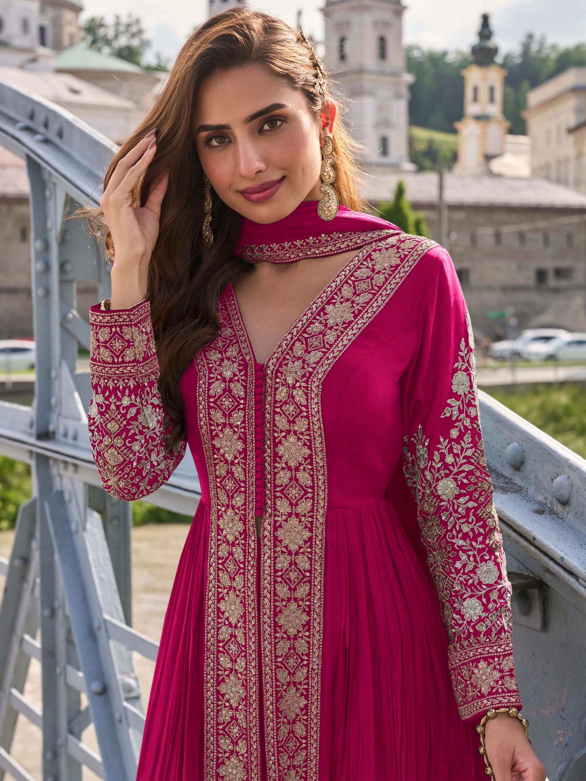 Embroidered Chinon Suit Set with Straight Pant & Dupatta