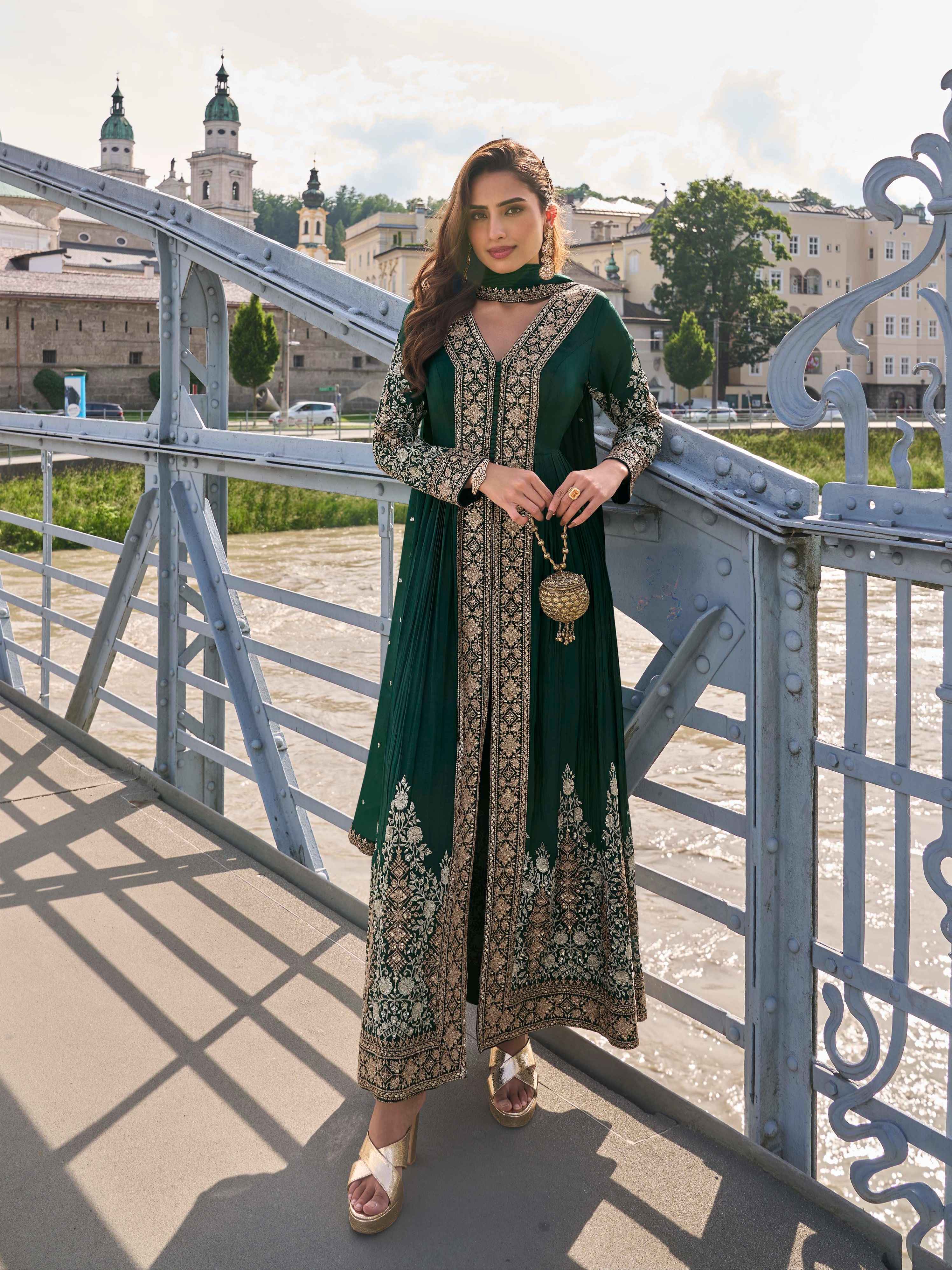 Embroidered Chinon Suit Set with Straight Pant & Dupatta