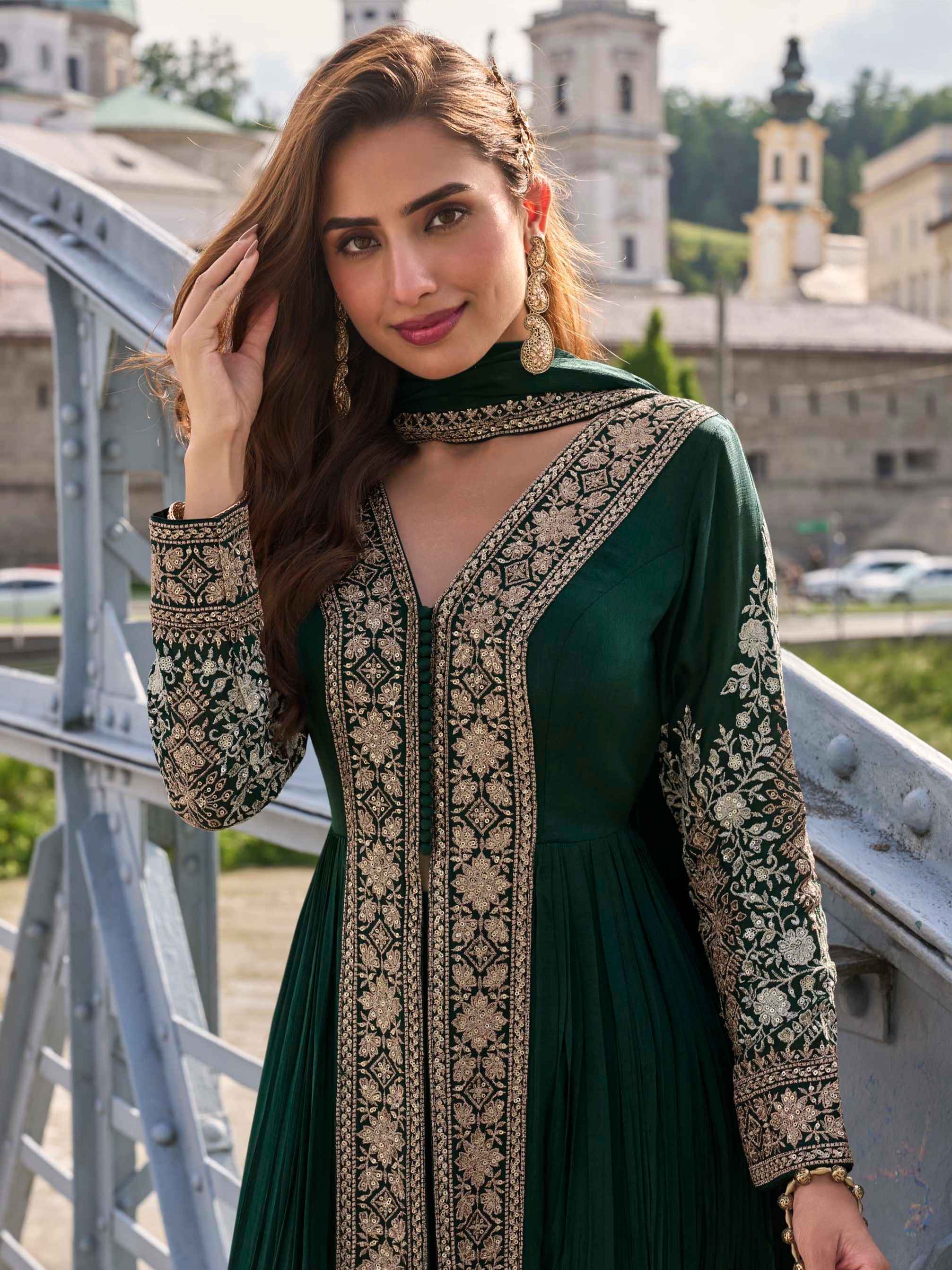 Embroidered Chinon Suit Set with Straight Pant & Dupatta