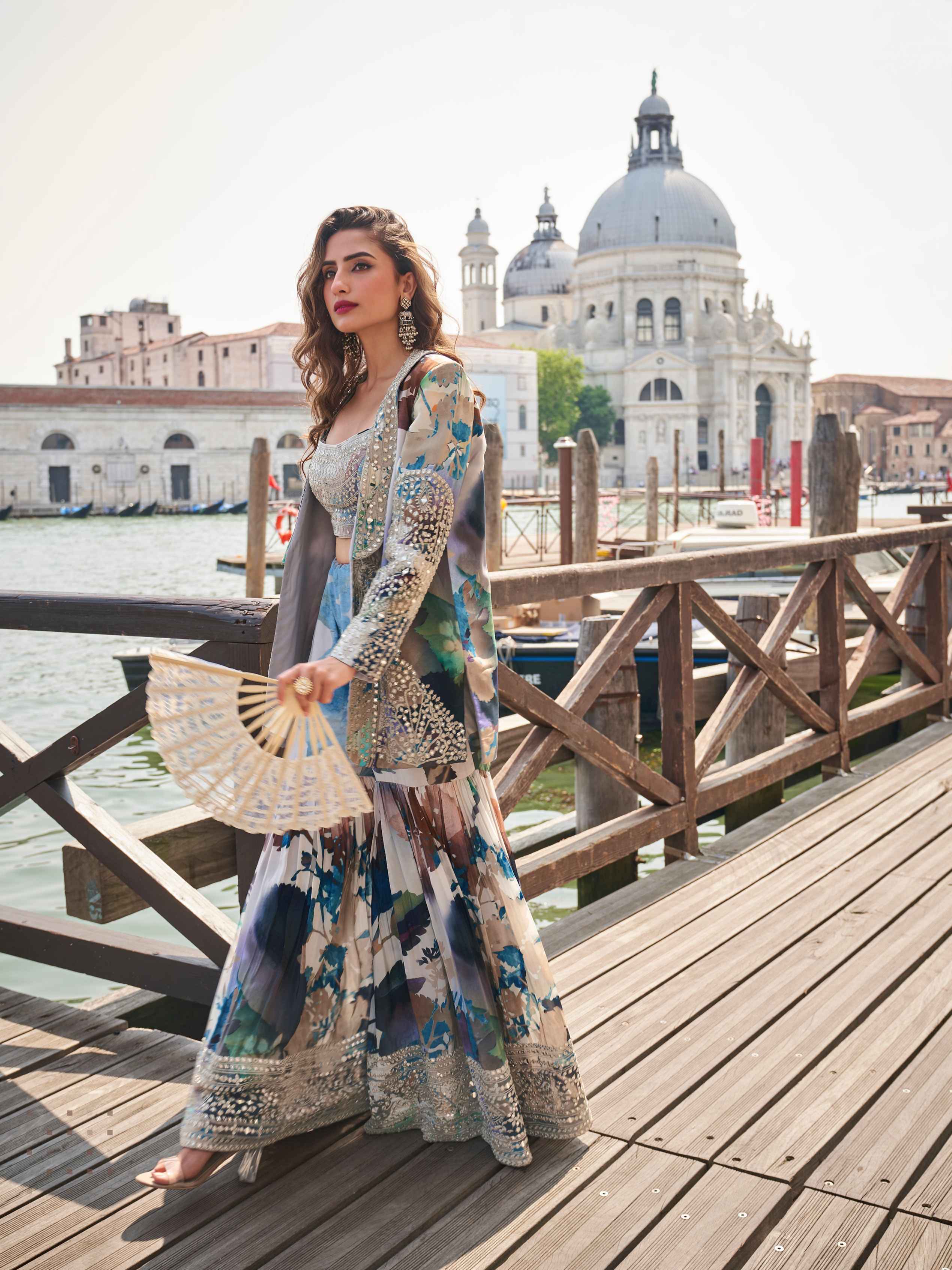 Pastel Blue Chinon Silk Embroidered Jacket Blouse Gharara Set