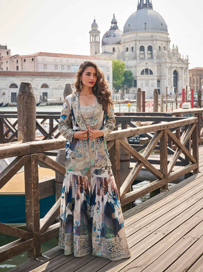 Pastel Blue Chinon Silk Embroidered Jacket Blouse Gharara Set Jacket Gharara Set Anant Tex Exports Pvt.Ltd..