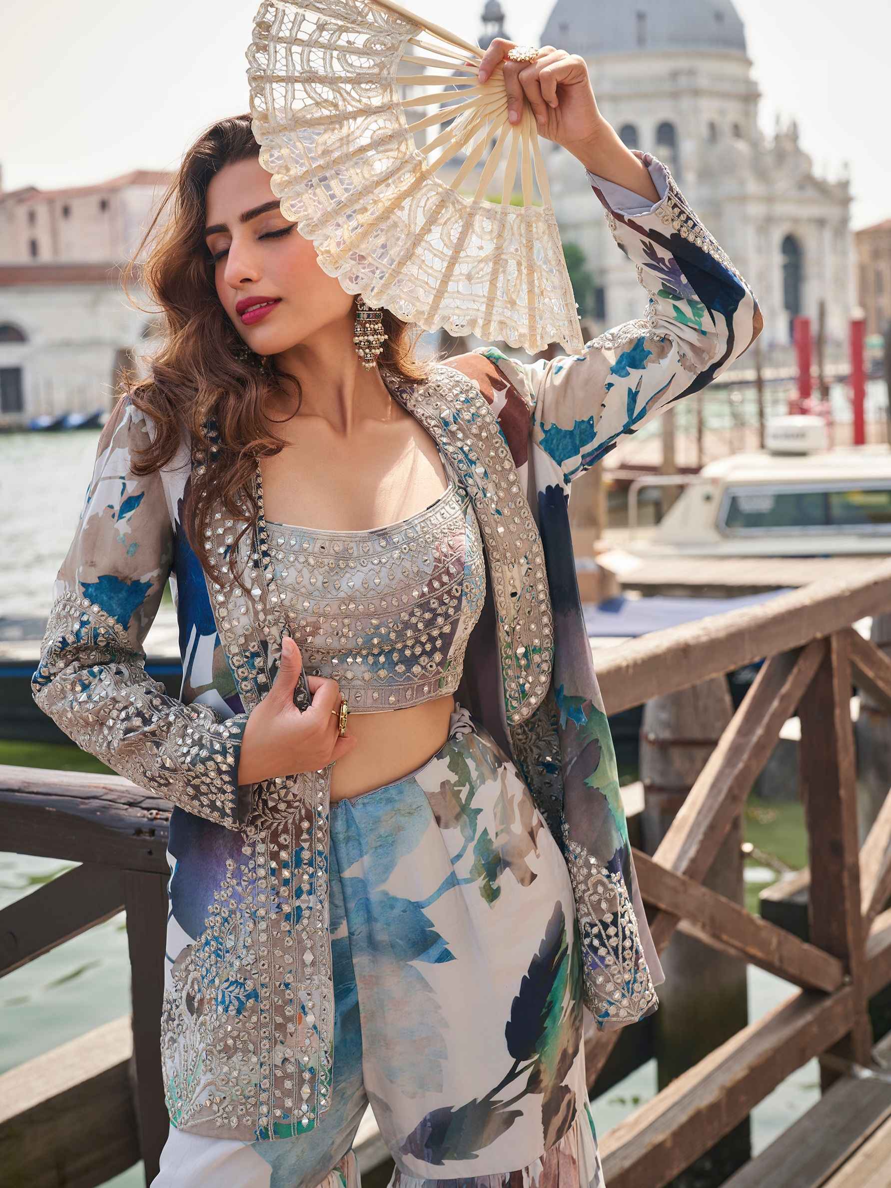 Pastel Blue Chinon Silk Embroidered Jacket Blouse Gharara Set