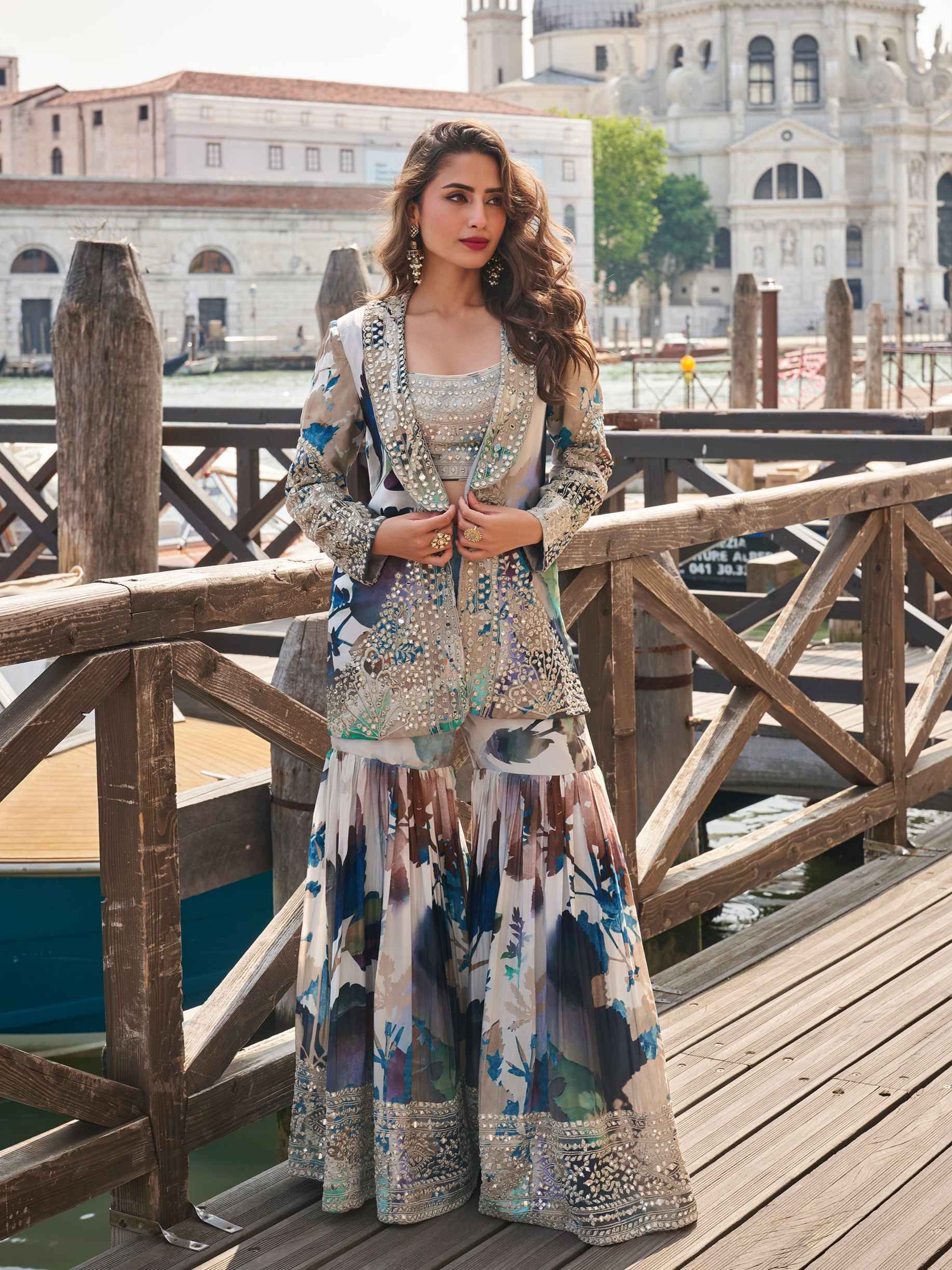 Pastel Blue Chinon Silk Embroidered Jacket Blouse Gharara Set