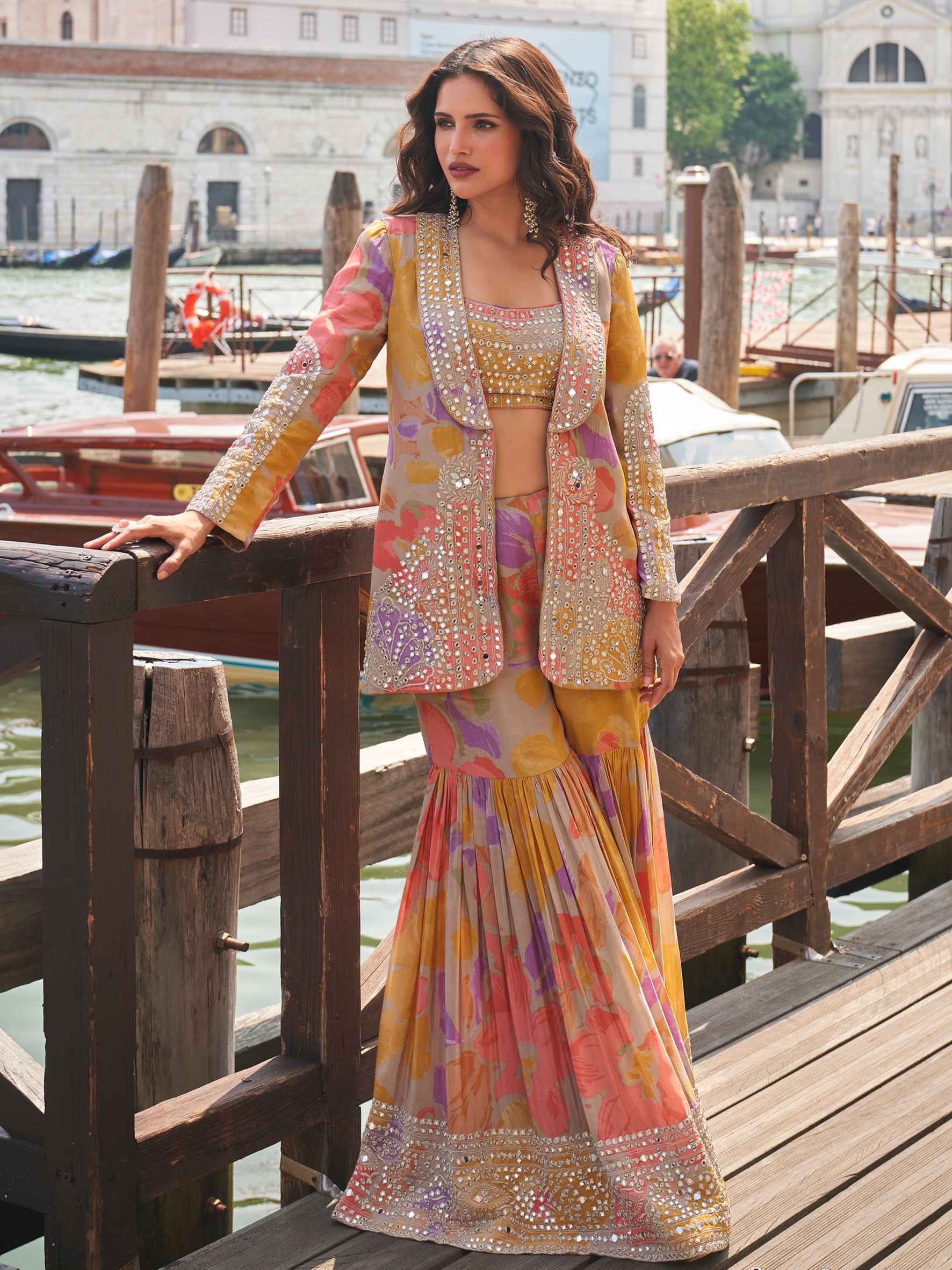 Multicolor Premium Chinon Silk Jacket Blouse Gharara Set