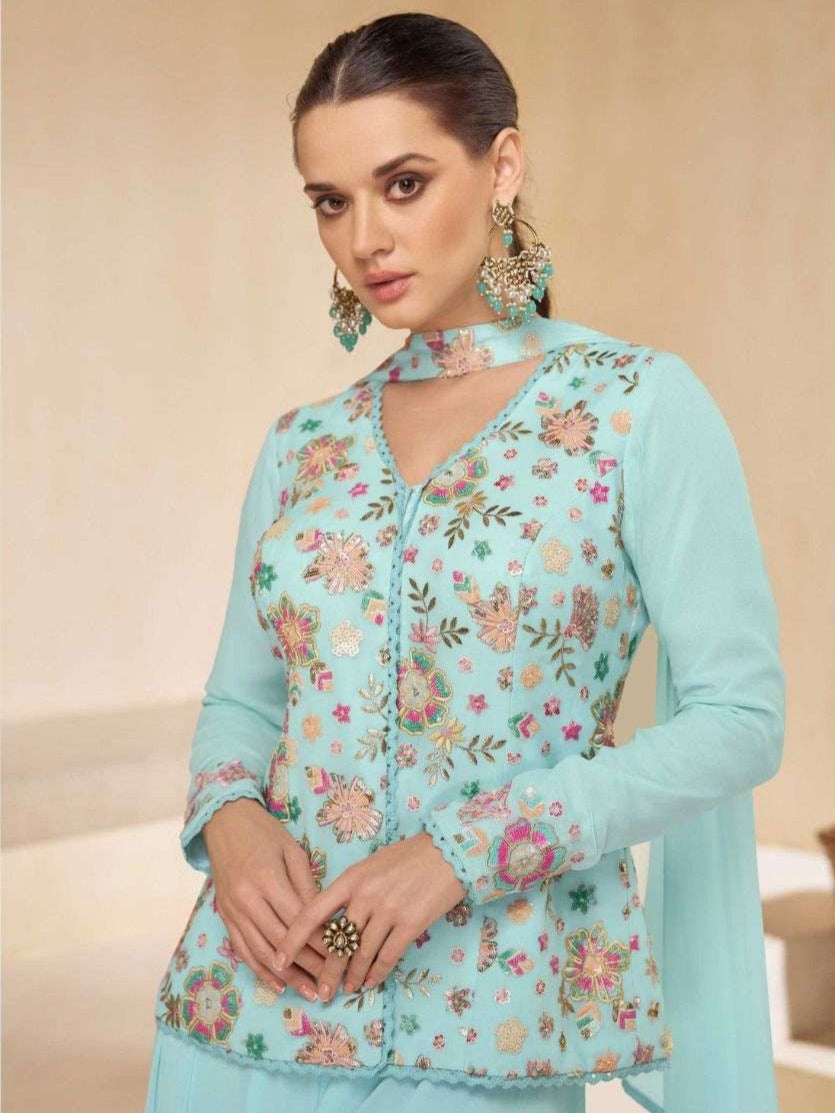 Aqua Blue Embroidered Georgette Jacket Palazzo Set
