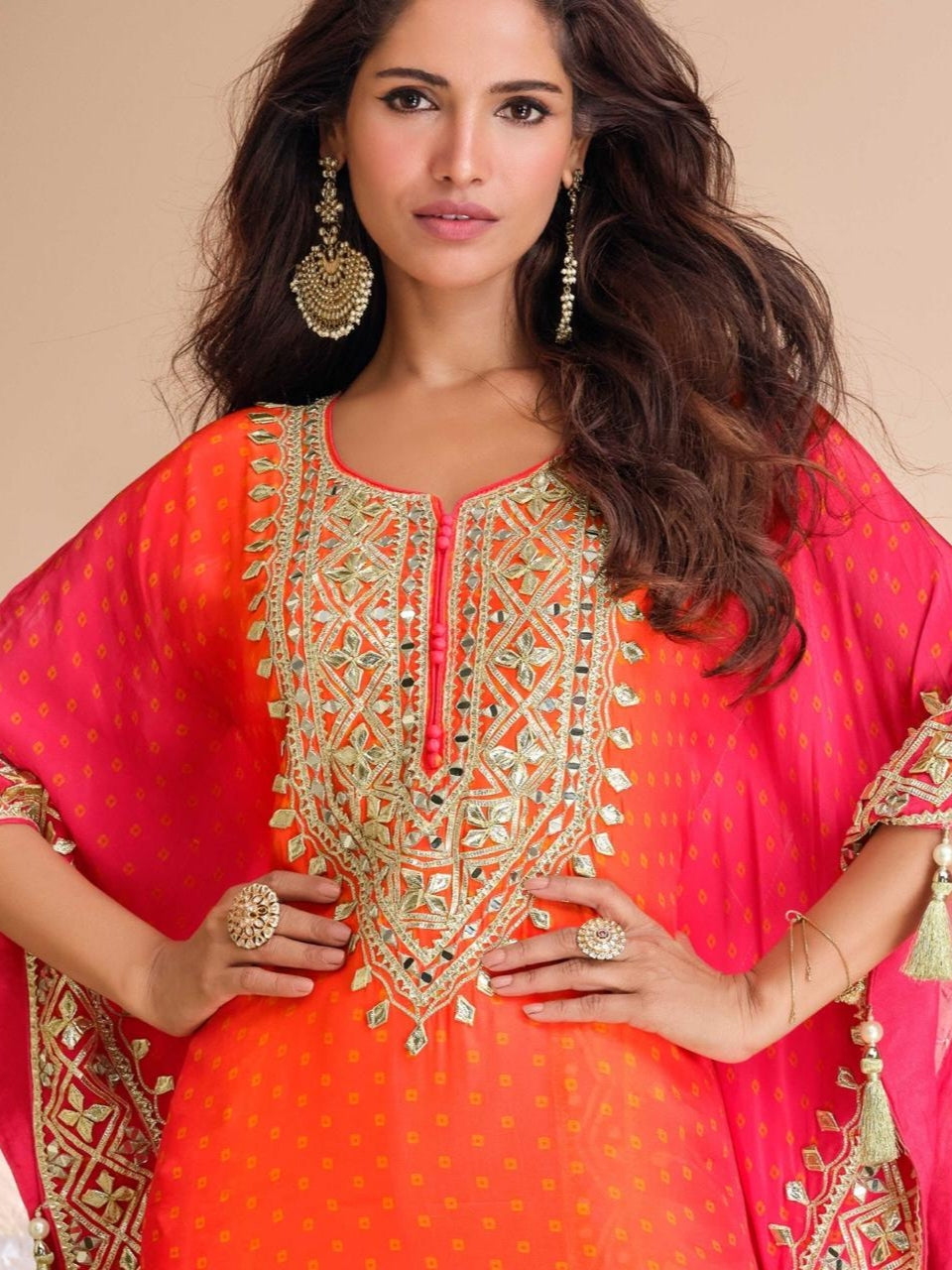 Orange Pure Viscose Silk Festive Kaftan with Heavy Mirror Work kaftan Anant Tex Exports Pvt.Ltd..
