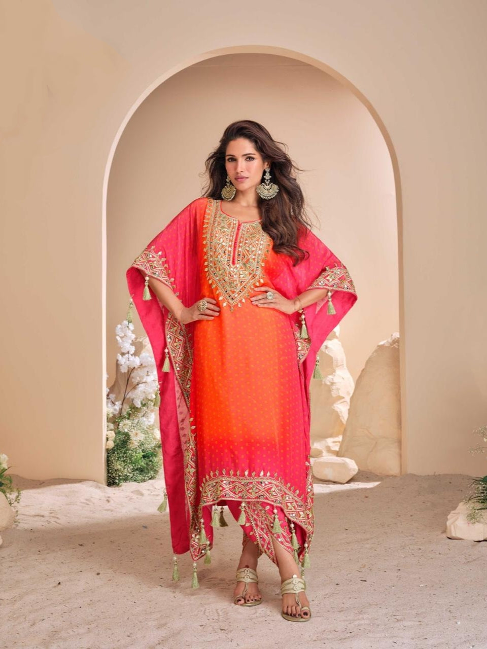 Orange Pure Viscose Silk Festive Kaftan with Heavy Mirror Work kaftan Anant Tex Exports Pvt.Ltd..