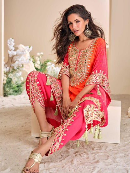 Orange Pure Viscose Silk Festive Kaftan with Heavy Mirror Work kaftan Anant Tex Exports Pvt.Ltd..
