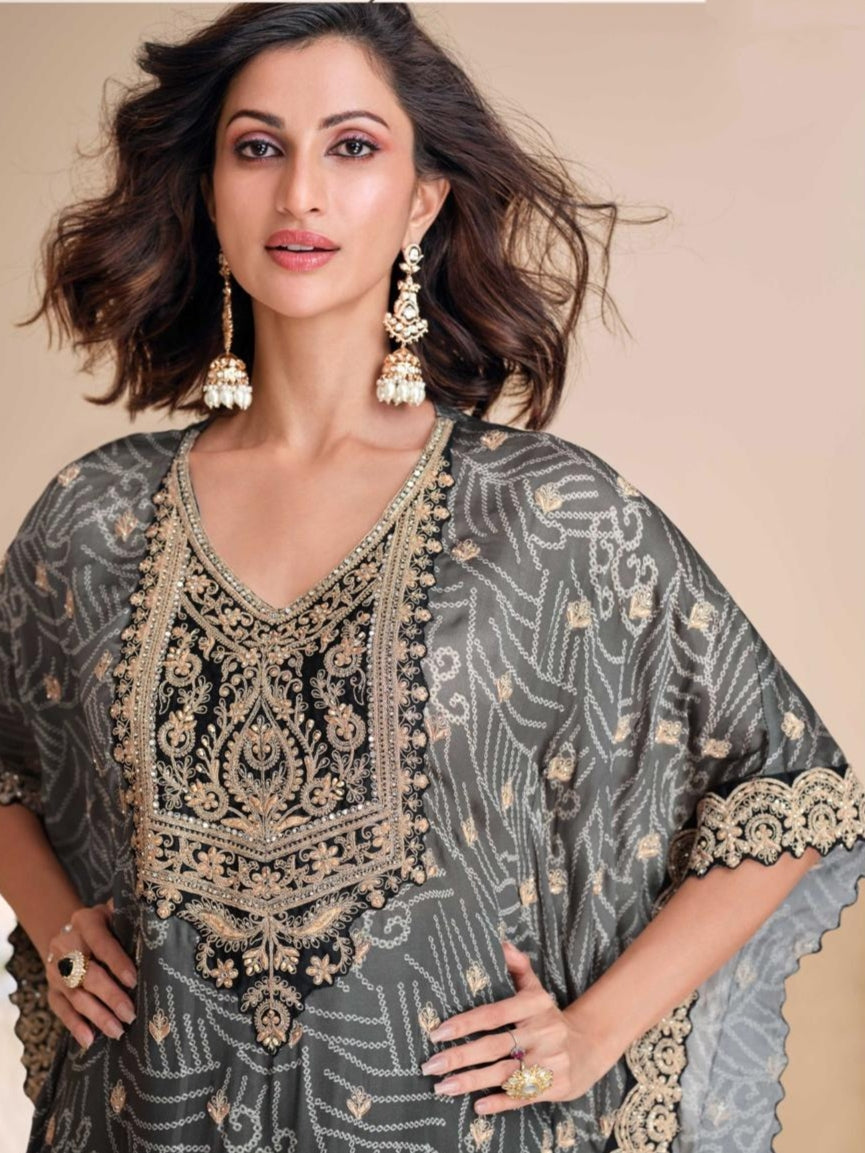 Charcoal Grey Pure Viscose Simar Organza Silk Kaftan kaftan Anant Tex Exports Pvt.Ltd..