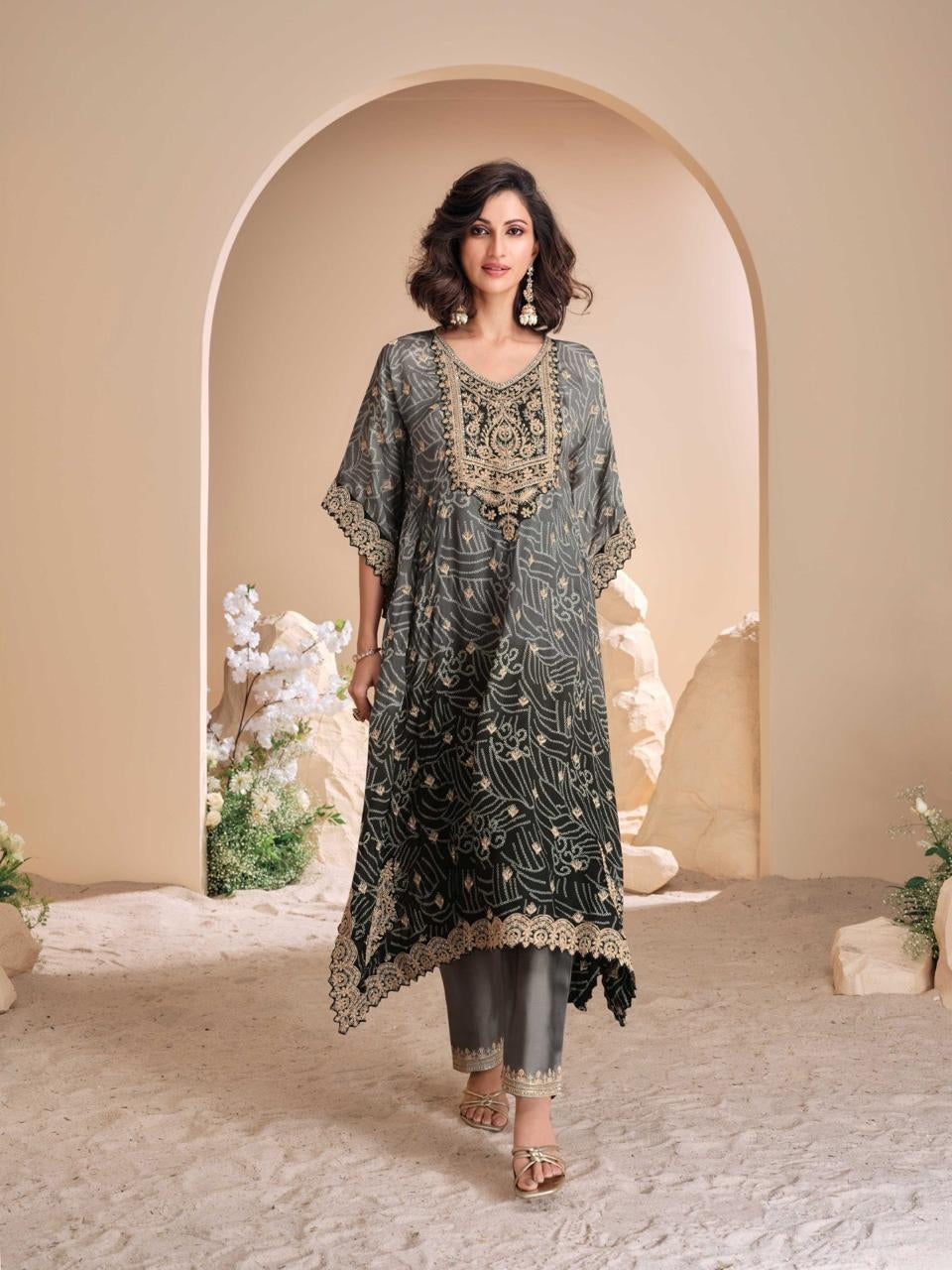 Charcoal Grey Pure Viscose Simar Organza Silk Kaftan kaftan Anant Tex Exports Pvt.Ltd..