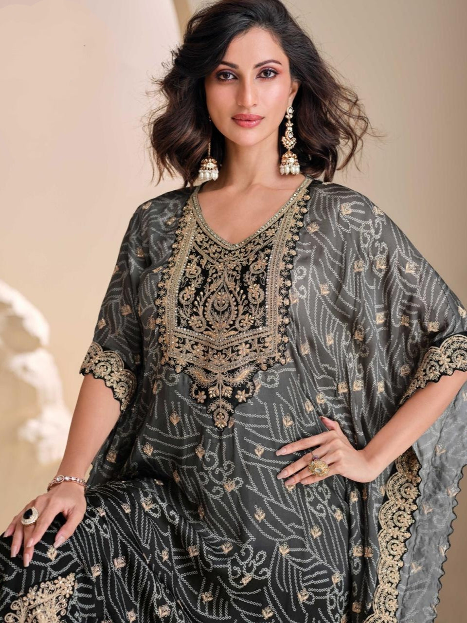 Charcoal Grey Pure Viscose Simar Organza Silk Kaftan kaftan Anant Tex Exports Pvt.Ltd..