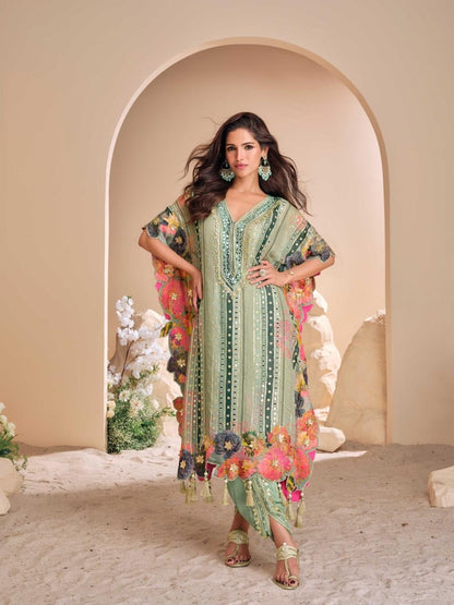 Sea Green Printed Pure Viscose Crepe Silk Kaftan with Gota Patti Work kaftan Anant Tex Exports Pvt.Ltd..