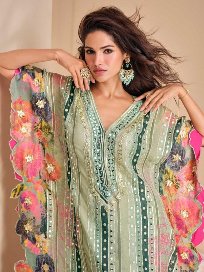 Sea Green Printed Pure Viscose Crepe Silk Kaftan with Gota Patti Work kaftan Anant Tex Exports Pvt.Ltd..