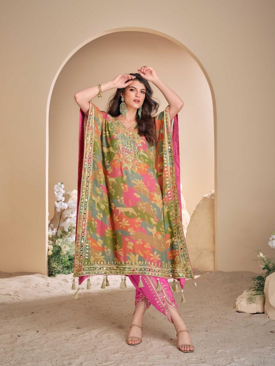Multicolor Floral Pure Viscose Crepe Silk Kaftan with Mirror Work kaftan Anant Tex Exports Pvt.Ltd..