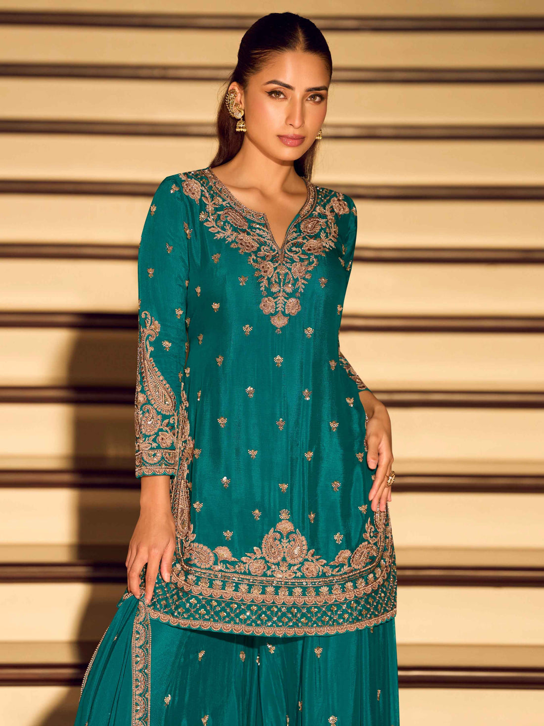 Teal Green Chinon Silk Embroidered Sharara Suit with Beaded Dupatta Sharara Suit Anant Tex Exports Pvt.Ltd..