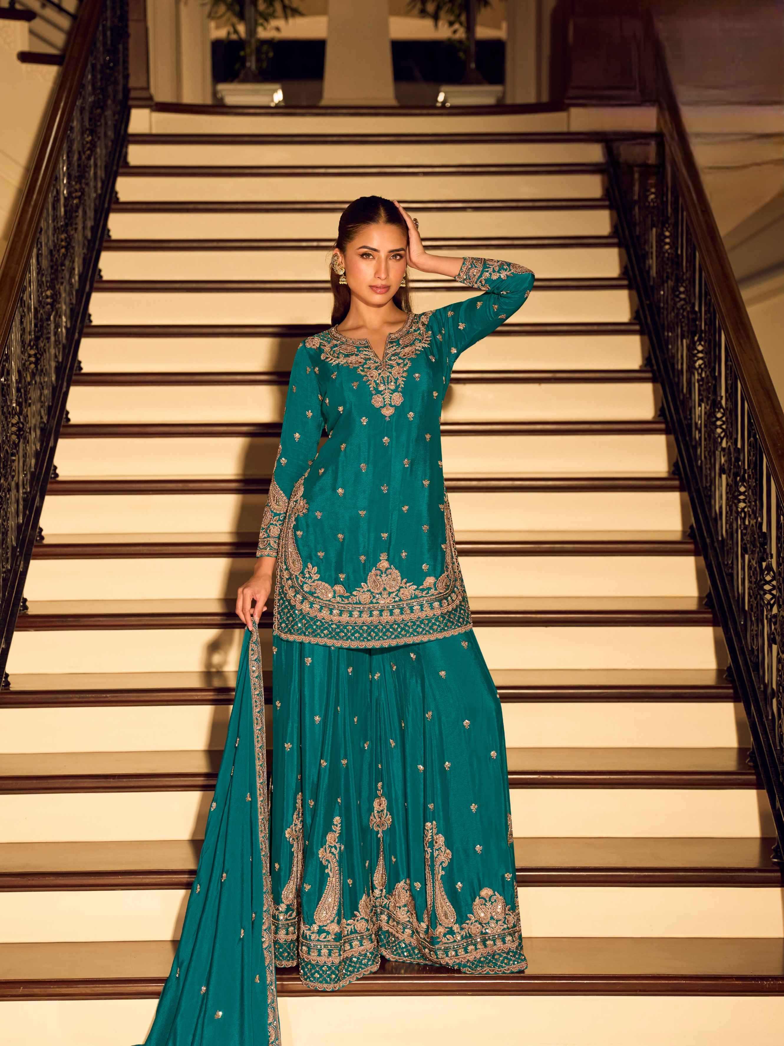 Teal Green Chinon Silk Embroidered Sharara Suit with Beaded Dupatta