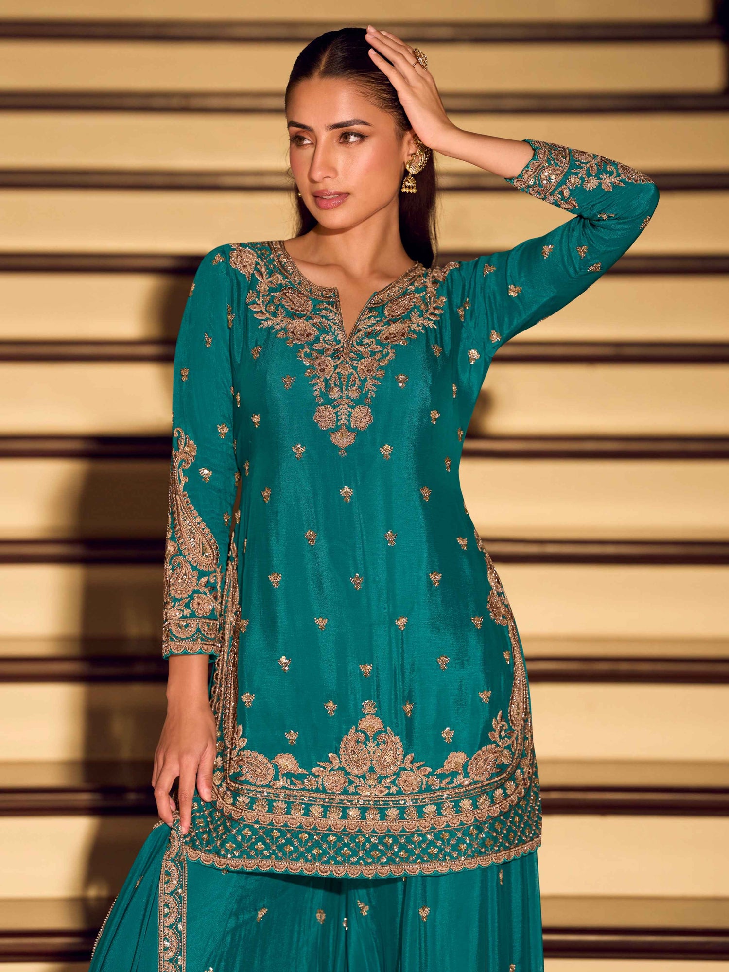 Teal Green Chinon Silk Embroidered Sharara Suit with Beaded Dupatta Sharara Suit Anant Tex Exports Pvt.Ltd..