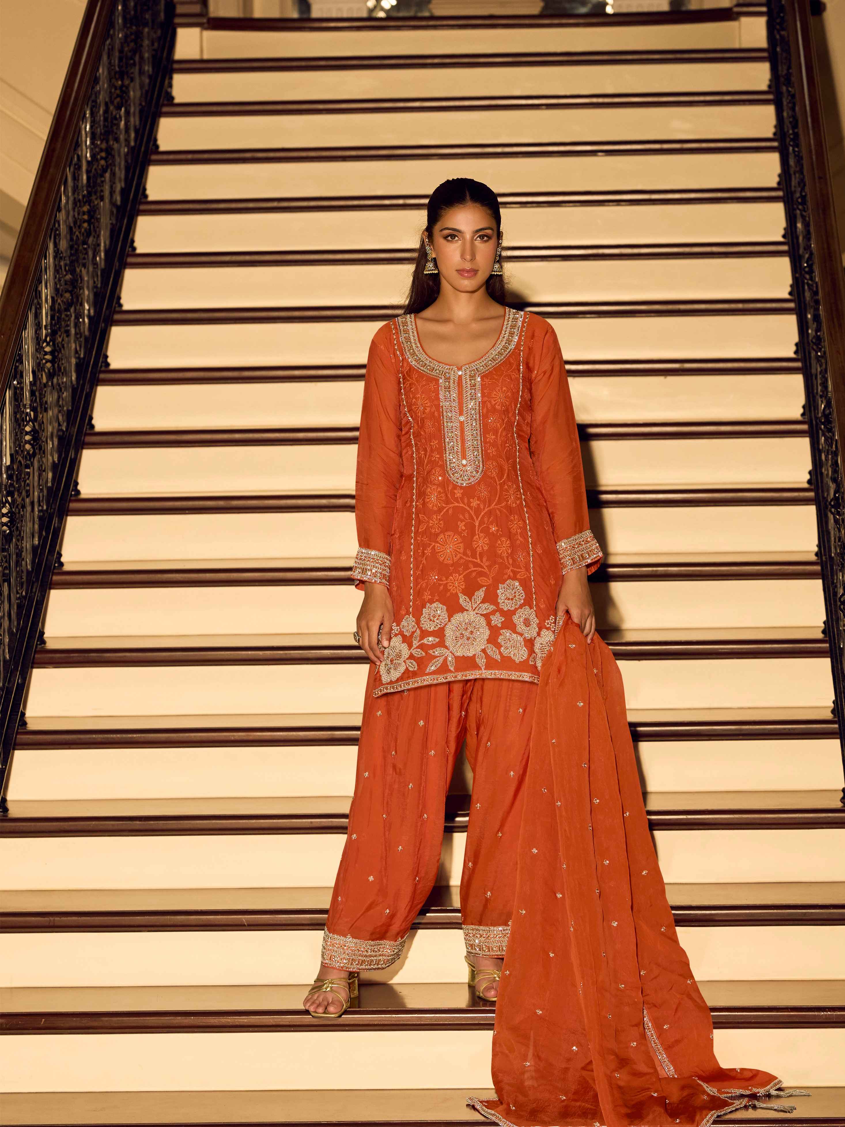 Rust Orange Chinon Silk Beads Embroidered Sharara Suit