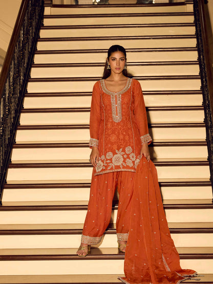 Rust Orange Chinon Silk Beads Embroidered Sharara Suit Sharara Suit Anant Tex Exports Pvt.Ltd..