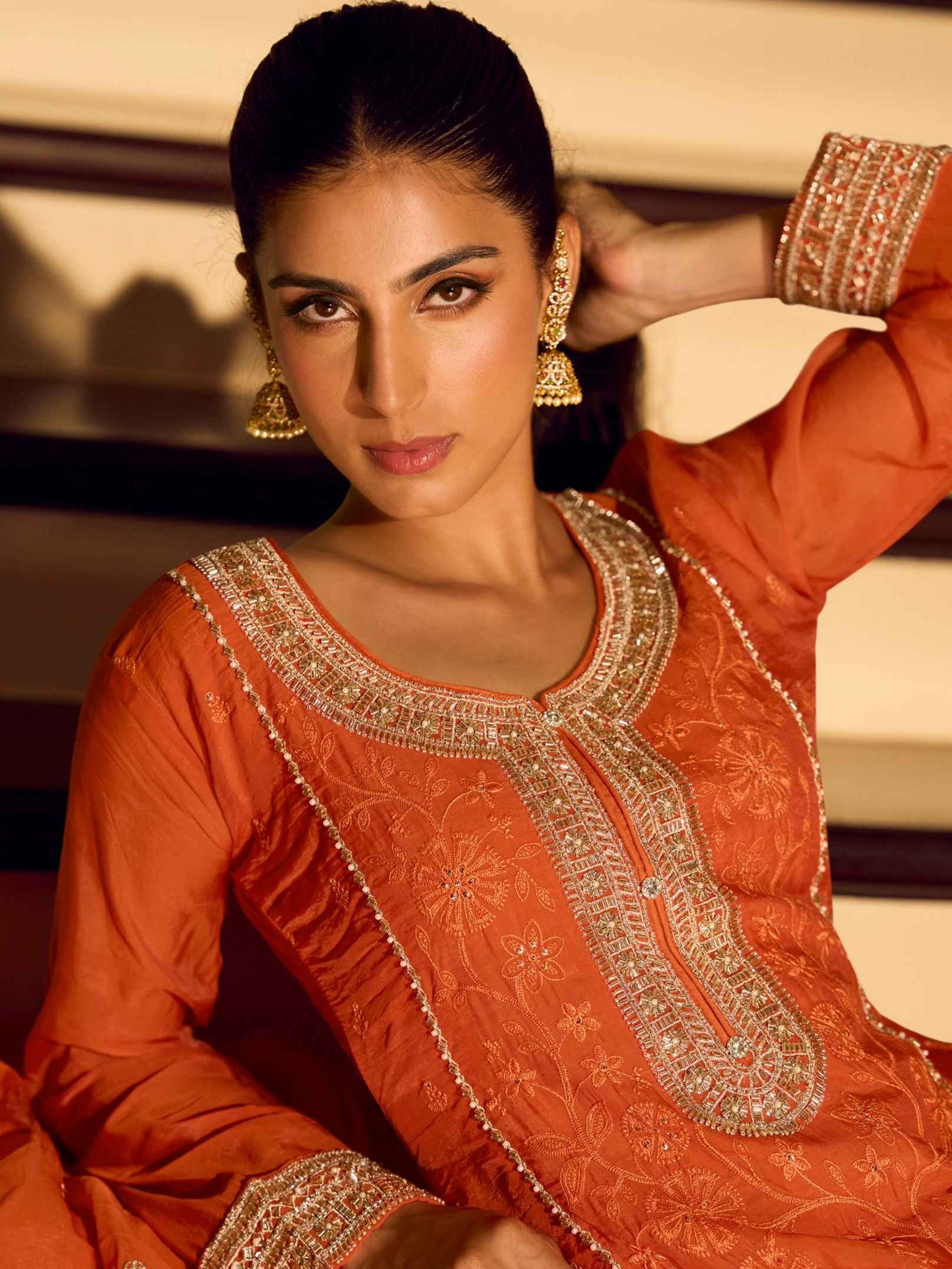Rust Orange Chinon Silk Beads Embroidered Sharara Suit